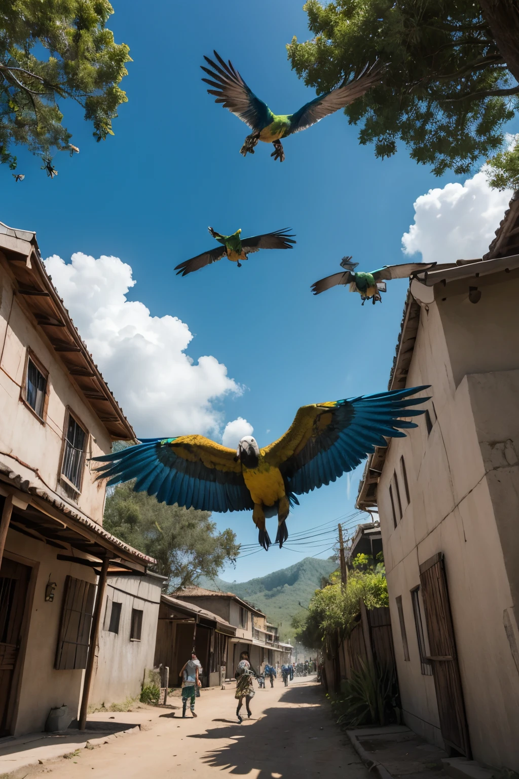 Surrealistic drawing of indigenous children flying over a macaw. Children flying with a macaw.