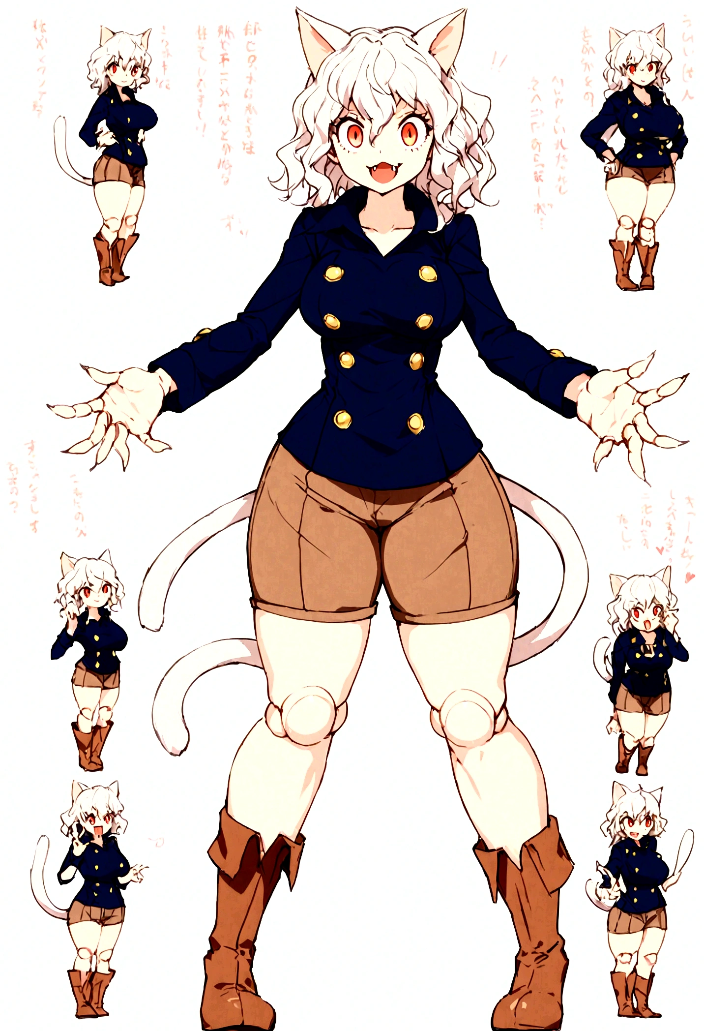 solo,open mouth,fangs,smile, Neferpitou,1girl,red eyes,cat ears, blue jacket,double-breasted, (nature:1.2),stading, full body, boots, huge breast, curvy, tall female,refsheet, cat tails,Neferpitou,1girl,red eyes,cat ears, blue jacket,double-breasted, (brown shorts:1.2),striped, brown socks,blue footwear, doll joints,(nature:1.2),solo,combat stance,lora:add_detail:1>,solo,open mouth,fangs,smile, fangs, sharpteeth,,{best quality}, {amazing quality} {best quality},{amazing quality},, {absurdres},{{highres}}, {very aesthetic}, {detailed}, curvy, tall, huge breast, character focus, white background,full-length portrait,