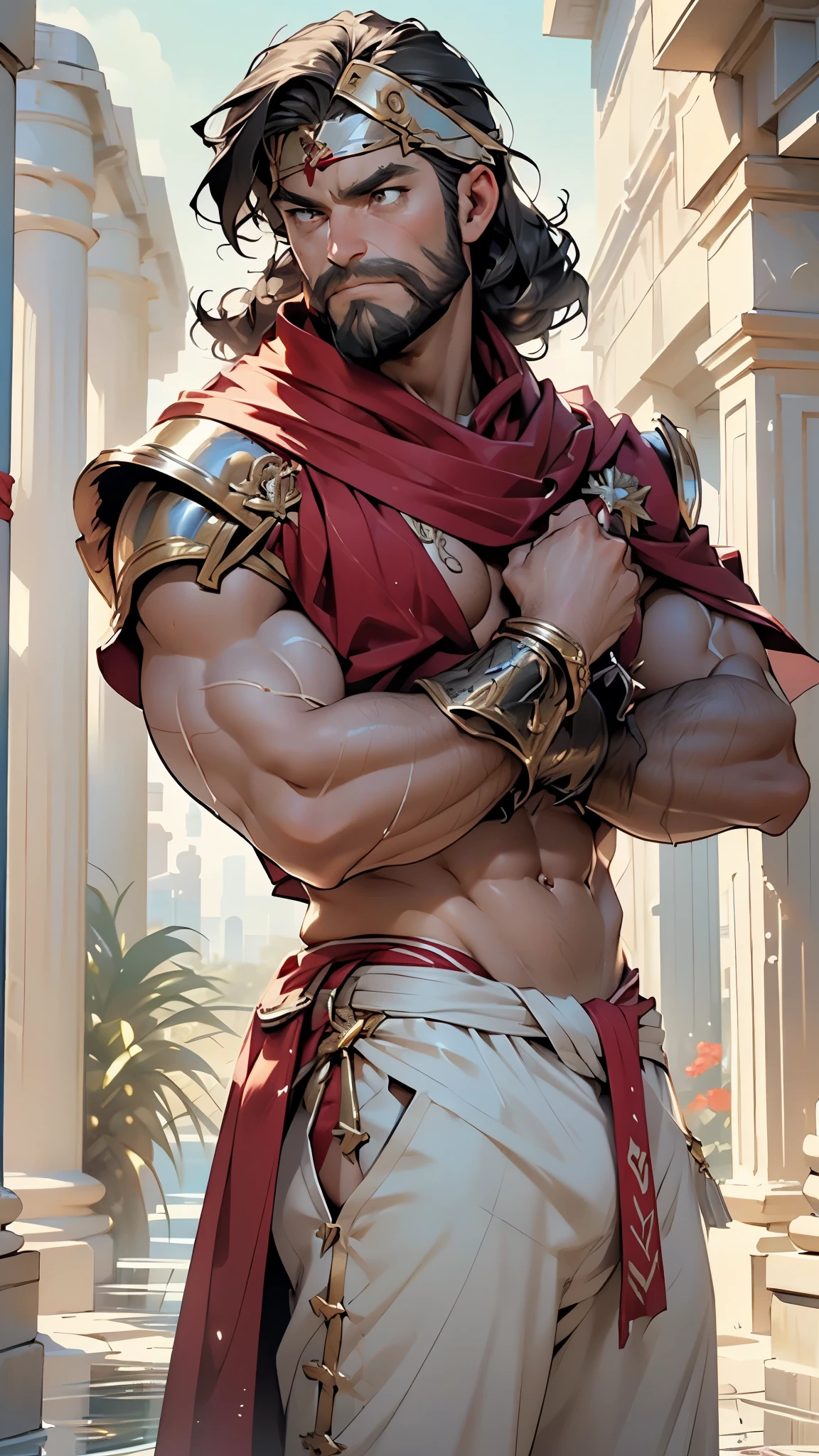 (masterpiece:1.2, best quality:1.2, extremely delicate:1.2), ((male:1.5)), a man with spiky short orange-red hair, side-parted bangs, a calm gaze, a faint smile, a mature and handsome face, dark skin, a tall and muscular build, a bare upper body, several strips of leather armor wrapped around his left shoulder and chest, wrist guards, loose beige cargo pants, standing in a massive circular arena, this character embodies a finely crafted fantasy-realist style gladiator in anime style, exquisite and mature manga art style, dramatic, high definition, highres, ultra-detailed, ultra-fine painting, professional, perfect body proportions, golden ratio, anatomically correct, symmetrical face, extremely detailed eyes and face, high quality eyes, creativity, RAW photo, UHD, 32k, Natural light, cinematic lighting, (masterpiece-anatomy-perfect:1.2)