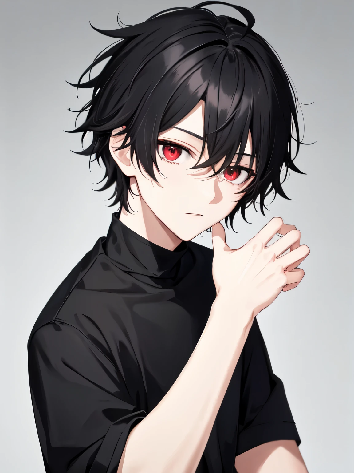 1boy, black hair, (pale_skin:0.7), red eyes, short hair, messy hair, hair between eyes, femboy, gray cropped jacket, black turtleneck top, black shorts, portrait, looking at viewer, expressionless