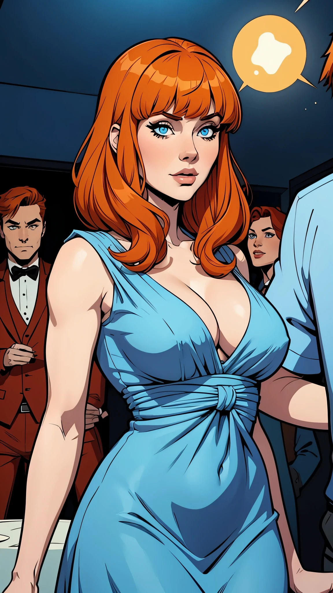 girl, white skin, medium-short height, medium orange hair, with unruly bangs. blue eyes. She was wearing a elegant blue dress. Party dress. busty. Comic style.