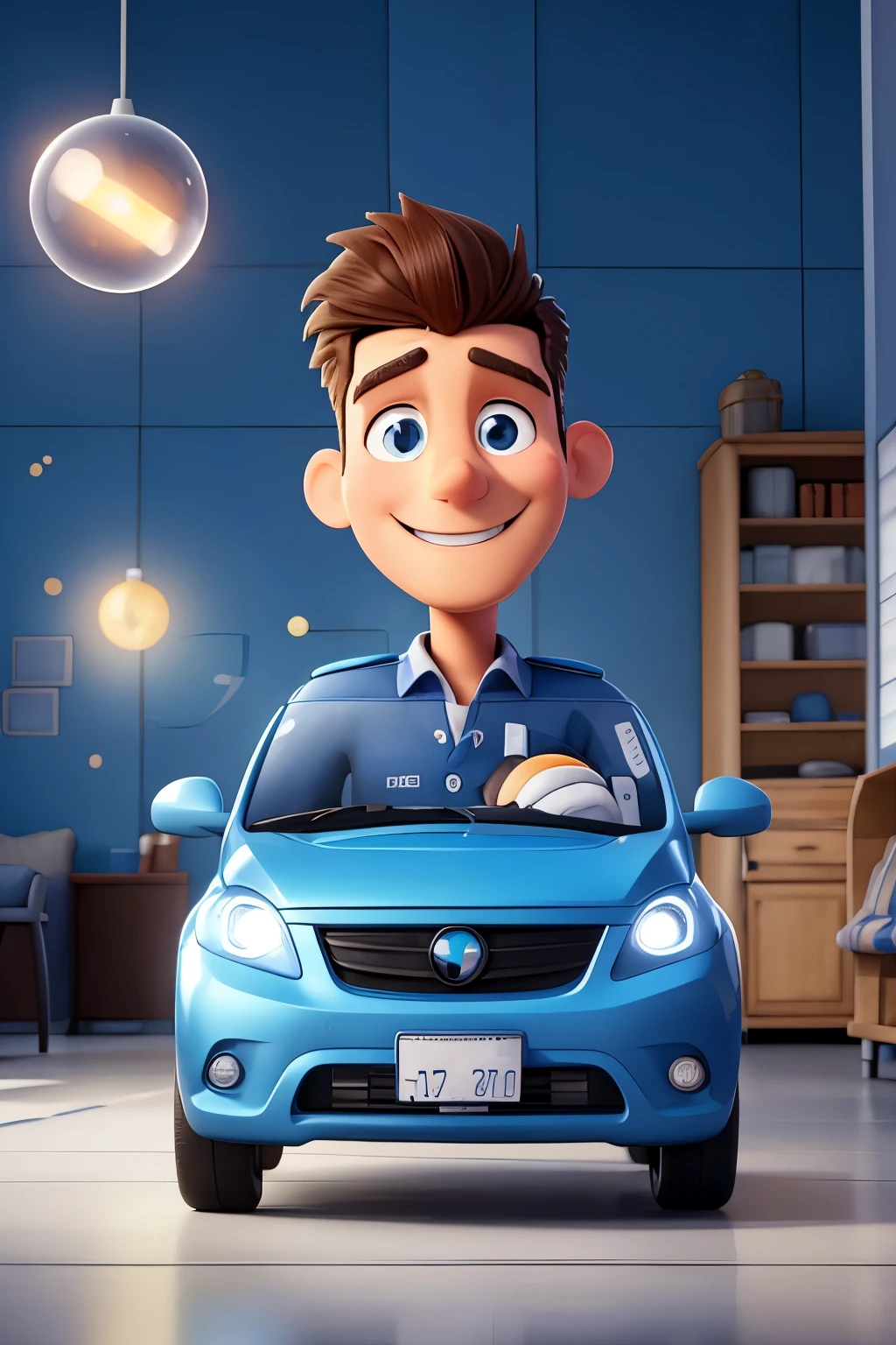 Scene of a man in animation, avec un sourire amical, wearing a uniform marked with your company logo, and holding a soap brush with shiny soap bubbles around it. The graphic style of the image is modernized and clean, avec des lignes douces et des reflets brillants pour montrer clairement que la voiture présentée est une voiture moderne étonnante. Le nom de votre entreprise est écrit en caractères lisibles et modernes, soit en dessous ou en-dessus de la visual principale.