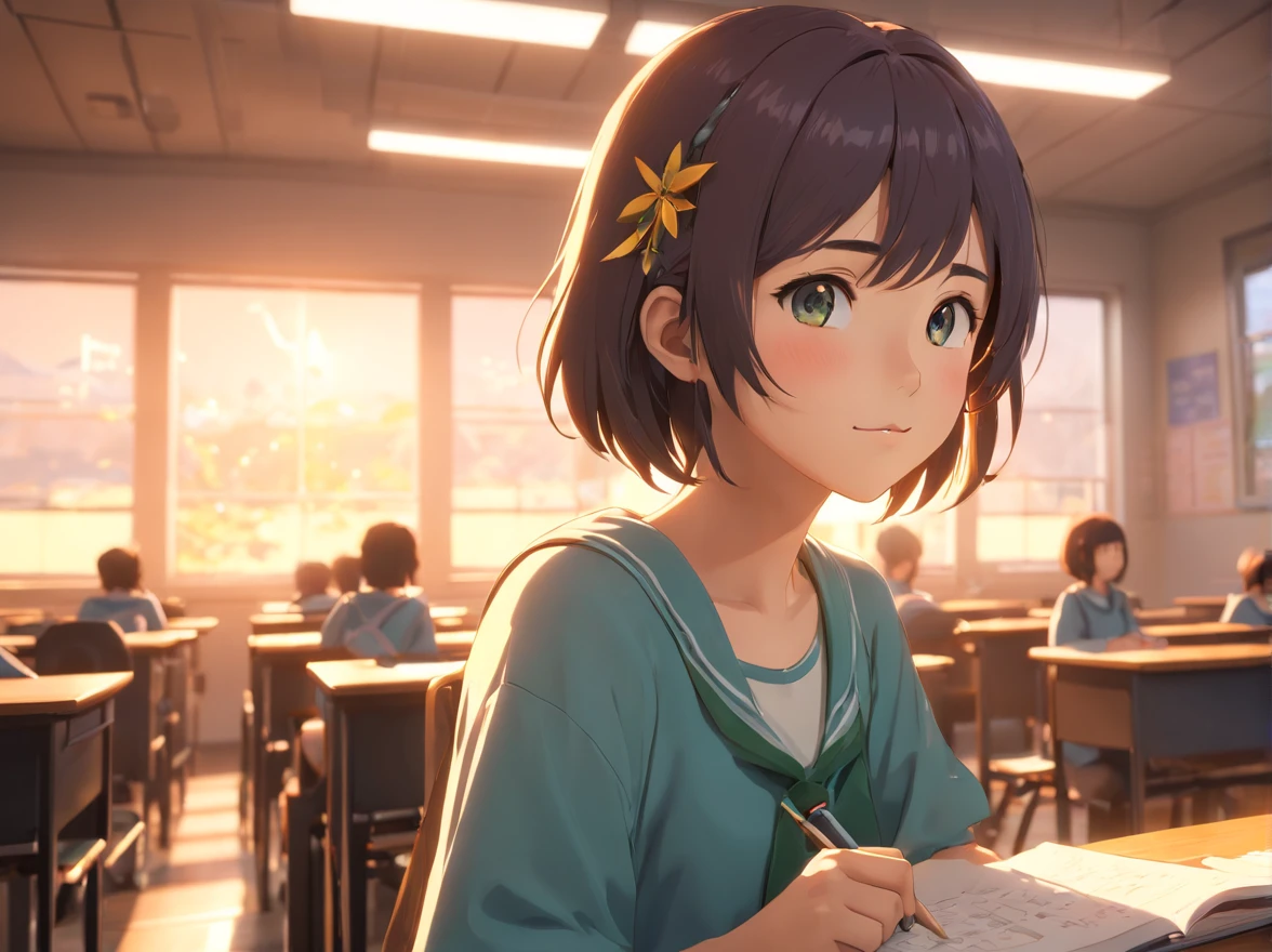 A girl in a high school classroom, (((Last test of the year))) verry happy sitting on a chair and looking at the camera, beautiful detailed photo, richly detailed, vintage classroom background, Studio Ghibli cinematic style, hyper-detailed, insane details, beautifully color graded, Unreal Engine, depth of field, super-resolution, megapixel, cinematic lighting, anti-aliasing, FXAA, TXAA, RTX, SSAO, post-processing, post-production, tone mapping, CGI, VFX, SFX, insanely detailed and intricate, hyper maximalist, hyper realistic, volumetric, photorealistic, ultra photoreal, ultra-detailed, intricate details, 8K, super detailed, full color, volumetric lighting, HDR, realistic, Unreal Engine, 16K, sharp focus, octane render