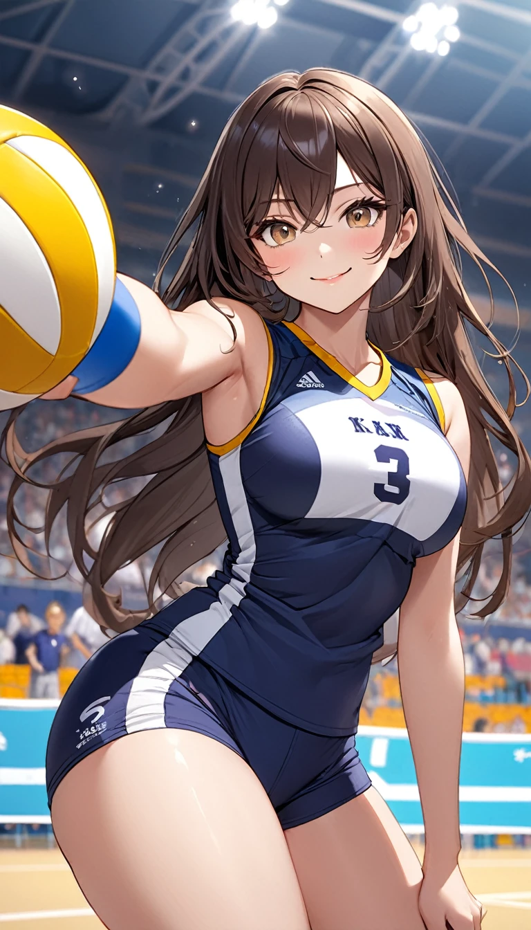 masterpiece, highest quality, Very detailed, ,Fine details, Anime style, One girl, 22 years old, Cute face、middle part, large breasts、Big Ass、Tight waist、Dynamic Angle、Long Hair、Beautiful Eyes、dark brown hair, Shiny Hair, light brown eyes、smile, sexy pose, bewitching pose, model posing, ((volleyball uniform))、track and field athlete, Gymnasium、Depth of written boundary、Shorts、