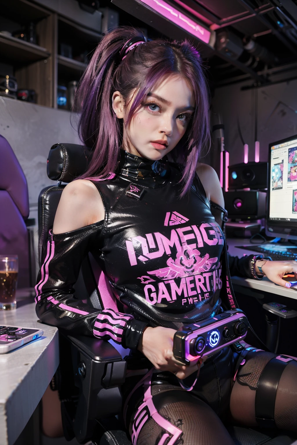 A captivating gamer girl, adorned with vibrant, electric-purple hair, graces the neon-pink illuminated room. Her distinctive style merges futuristic elements with cute, charming details, reflecting her creative and innovative personality. Immersed in her gaming world, she perfectly embodies the fusion of advanced technology and a whimsical ambiance. With her unique flair and undeniable talent, she takes on every challenge in the gaming universe with skill, elegance, and relentless determination, truly shining as a standout figure amidst the virtual realm.
