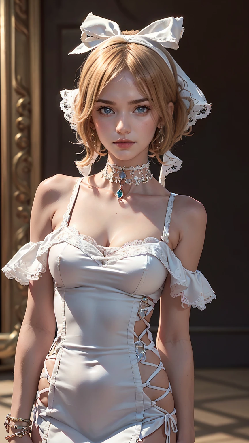 (8K, RAW Photos, highest quality, masterpiece:1.2), (Realistic, photo-Realistic:1.37)、Fashion model body type、Having her hair done、My chest is popping out、Wear accessories on your wrist、Wearing accessories on the ankle、Background blur((depth of field)、smile、White woman、Platinum Blonde、blue eyes、Vertical roll on one side((side drill))、Wear a lace-embellished one-shoulder dress、Wear mules、smile、hair band((hair ribbon))、Wear a lace choker