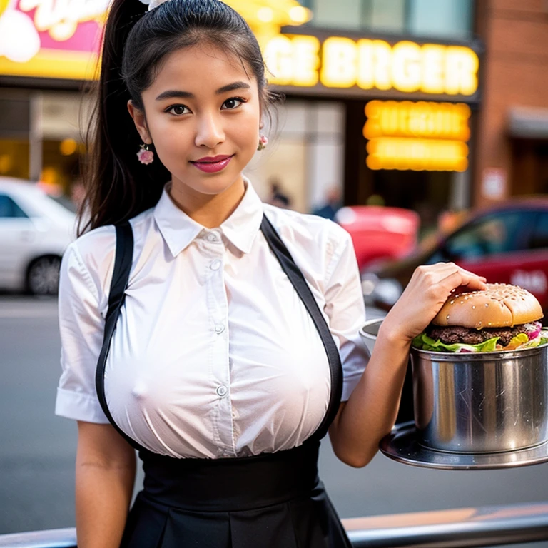 (extreme wide shot:1.3),(burger joint in the background:1.5),(Burgers and fries on a tray:1.3),(huge breast:1.6),(Maid's uniform
:1.5),(super highponytail hair),(forehead),Bohemian Earrings,grin,darkskinned,top-quality,(((masutepiece))),8K,Photorealsitic,thai Women:1.7,(thin eyebrows),(pink lips:1.3),(Detailed Background:2),