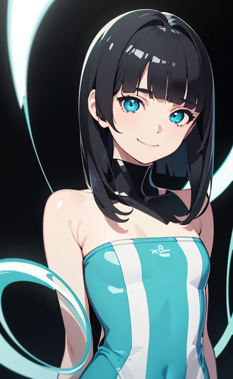 (Photorealistic:1.4)、(,20-year-old:1.5),(masterpiece、Blue lens flare:1.5、spot light:1.2、Exquisite beautiful eye:1.5,portlate),(kind eyes、tareme:1.9),()、Cute Face、 3D Face、(black hair:1.5)、(middle hair:1.5),(sidelock :1.5),(blunt bangs:1.3),(1 woman)、(aqua eyes:1.2)、(upper body:1.5)、(forced smile:1.5)、(sanpakueyes:1.5),(head tilt) ,(Cute face:1.2),(flat chest),(),kind face,(strapless plugsuit:1.5),(black background:1.5)、()、()、 Neat and clean、Adorable、Demure,Slim Body(),Shiny Hair、()、