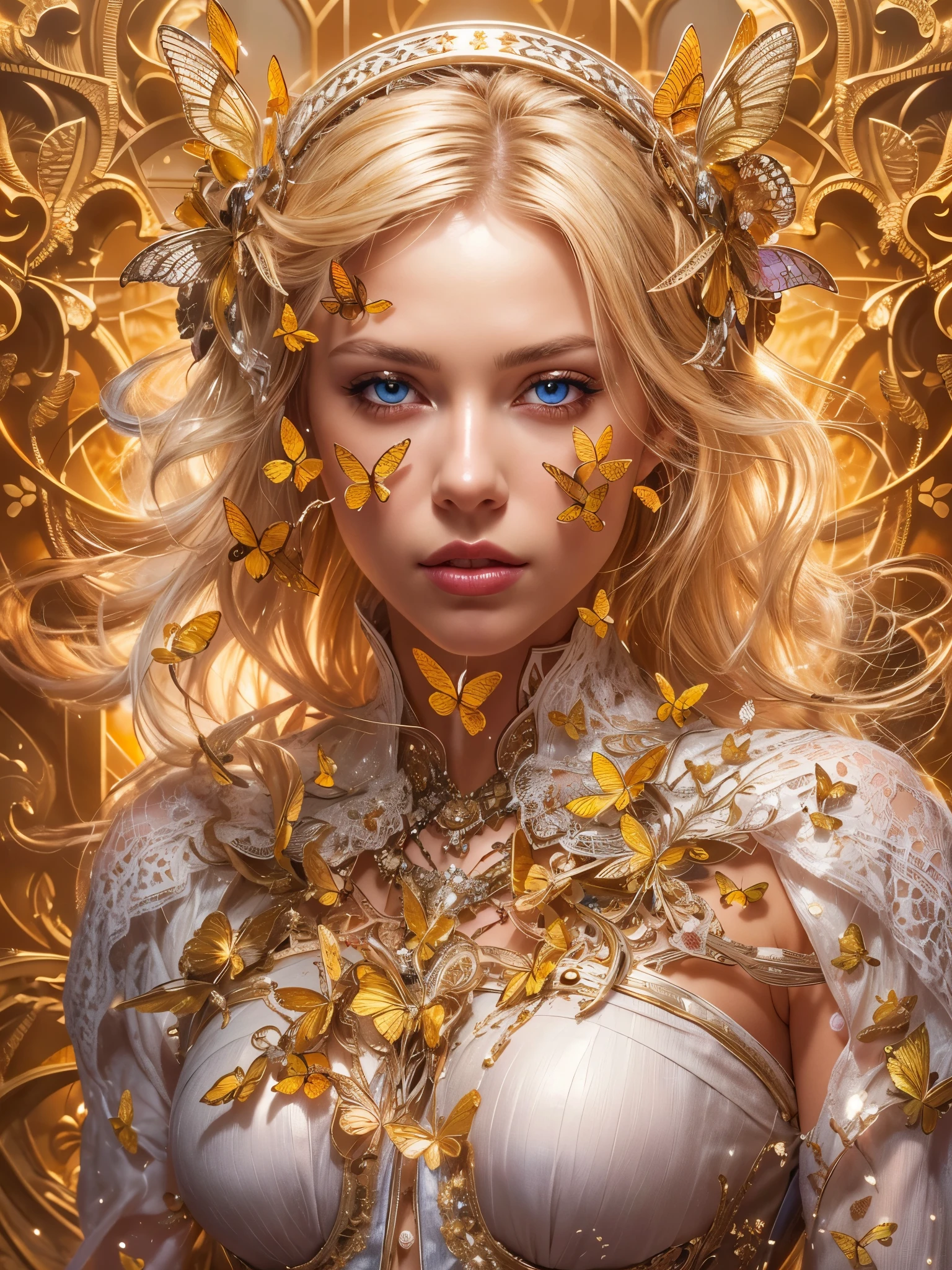 (Masterpiece.UHD.photorealistic.) portrait of beautiful cyborg with blonde hair, intricate, elegant, highly detailed, majestic, digital photography, art by artgerm and ruan jia and greg rutkowski surreal painting gold butterfly filigree, broken glass, (masterpiece, sidelighting, finely detailed beautiful eyes: 1.2), hdr,
