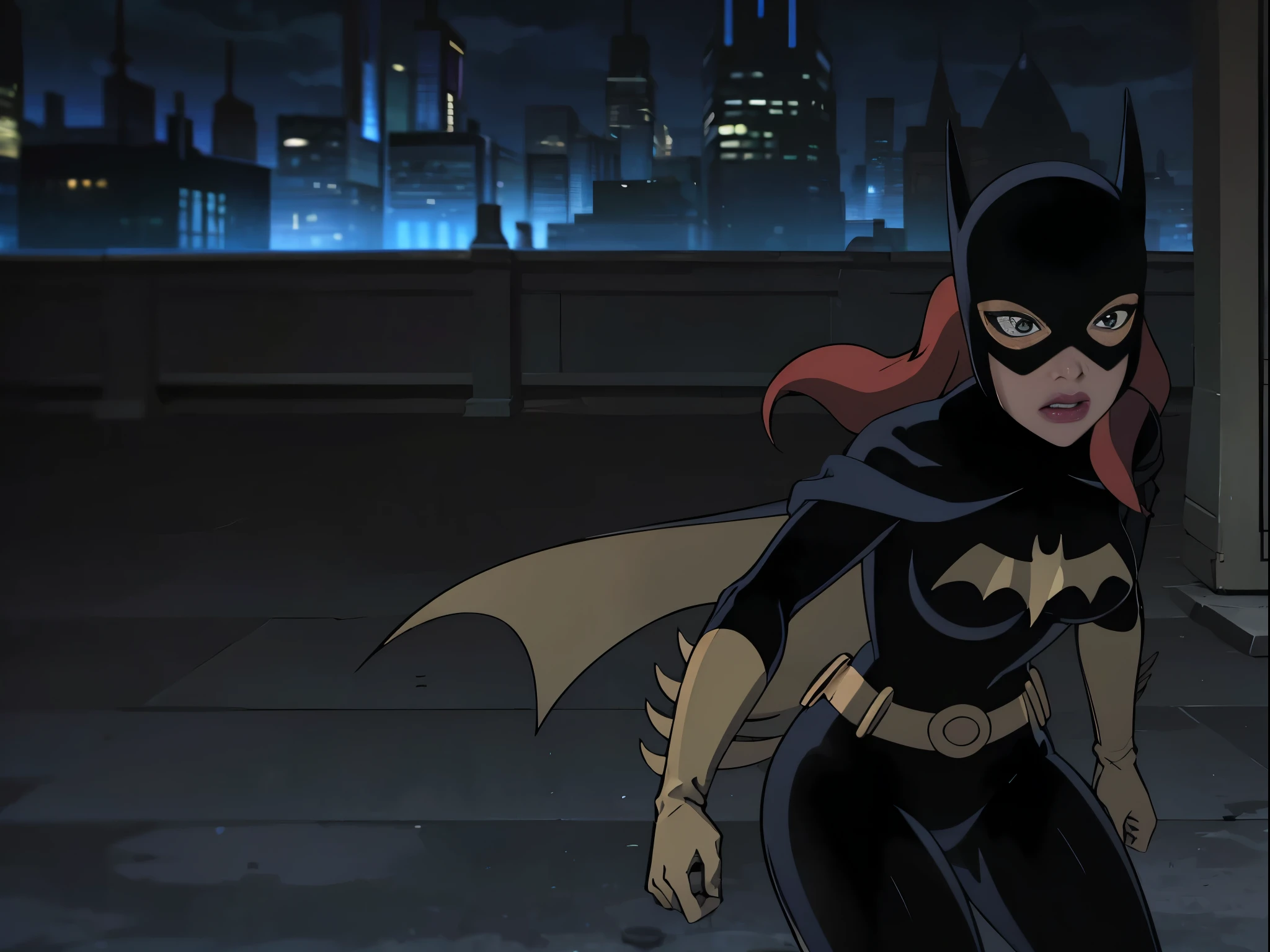 (Alta qualidade),(obra de arte),(detalhado), Batgitlfit, cabelos muito longos, cabelos ruivos, cabelo entre os olhos, rabo de cavalo alto, Fechaduras laterais, olhos azuis, batgirl, roupas brilhantes, body impossible, pele apertada, saia, Olhando para o Viewer, (pernas musculosas:1.3), flying through the skies, at night,em Gotham City (pose acrobatica)