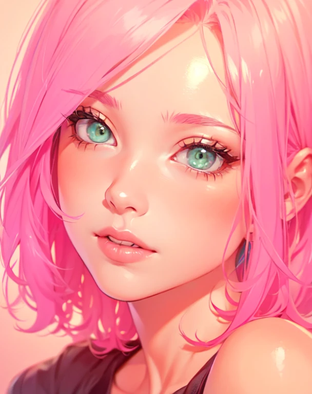 young woman, short shoulder-length pink hair, wide forehead, porcelain skin, pink eyebrows, big emerald green eyes, buttoned nose, full lips, heart-shaped face, slender body, small breasts, red tank top, Sakura Haruno , realistic, realism, details, 3d, well detailed