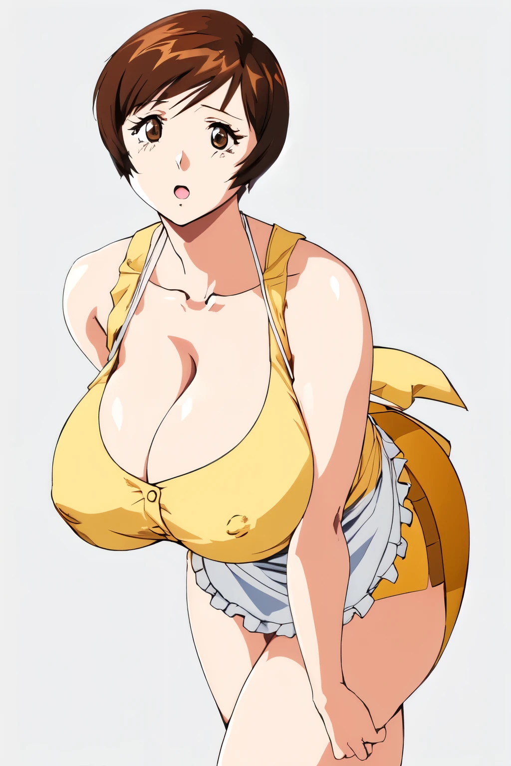 masterpiece, highest quality, High resolution, 1girl, solo, sexual intercourse, Pornographic image, short hair, etsukoto, brown eyes, fine grain, fine grain, (((Thick thighs, Plump thighs, Voluptuous thighs, Thighs are enough))), huge and ample breasts, Cleavage, Huge long breasts, Naughty big,((huge breasts are important))、((Naughty thighs)), L Cup, (thin:1.4),(Tight waist:1.4),  (yellow dress:1.4), ((white waist apron)), white panties, expressionless face, clear face, ((:o)), tilt head, (((Simple Background))), ((Wide Hips)), Shiny, Oily skin, Mature mother, Calf, Seductive mature woman, Perfect body, Plus Size Model, etsukoto, clavicle, retro artstyle, 1990s (style), [[from side]], nsfw,