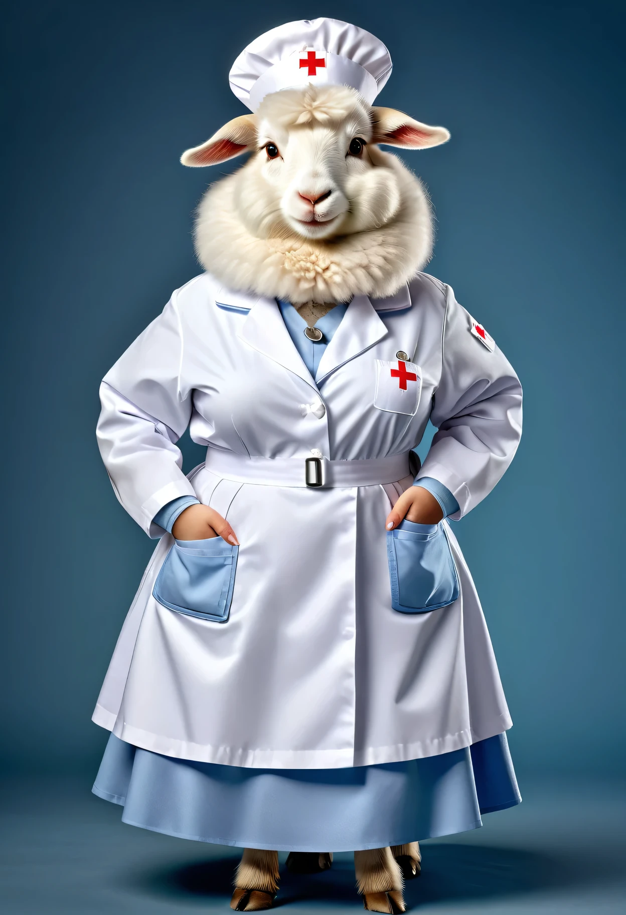 photorealistic portrait of Dressed animals - a ((fat)) angora goat nurse,(elegant pose:1.2),(hands in pockets:1.5), (elegant smile:1.2),high quality,(lovely) ,intricate details, highly detailed (( nurse costume)), wearing nurse cap and skirt , highly detailed medical equipment , (happy), studio lighting,(full body image:1.5),(hospital background)
