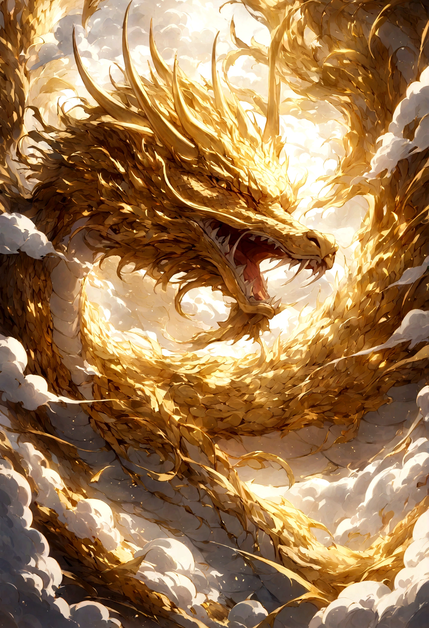 flag、masterpiece、(White background:1)、Golden Chinese dragon surrounded by white clouds、god々々Halo、Wind、god々、Long undulating body、overbite、Upper body、Fantastic、god話、high quality、Very detailed、masterpiece、amazing、Particle Effects、Dynamic Effects