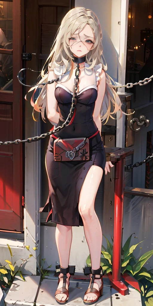 (masterpiece, best quality), intricate details, 1girl, 1girl in, age19, Solo, Long hair, Colossal, Looking at Viewer, blond hair, Alexis Texas (standing full body toe to head by wooden pole:1.2) iron collar, arms behind back, iron cuffs, shackles, bound, bondage outfit, harness, o-ring, bondage outfit blindfolded cover eyes, happy red cheeks, chain leash collar choker neck bell shackles wristbands bracers bracelets, cleave gag, sad face, red cheeks, cryings tears, painful (she was sold and betrayed by her own family)