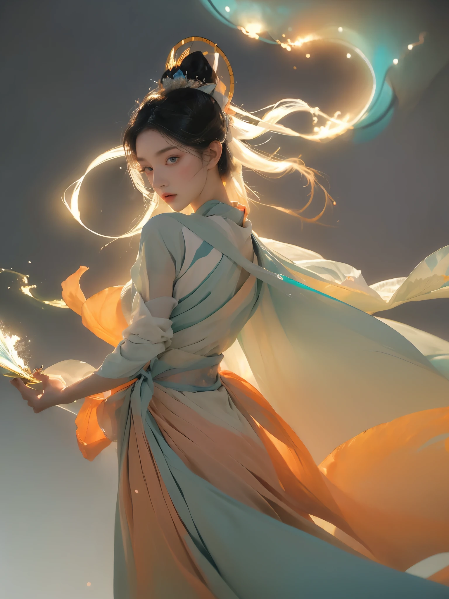 (1 Girl:1.4),Solitary, Gorgeous, Extremely detailed,(Joshua Middleton Comic Cover Art:1.1), (Action painting:1.2),(Concretism:1.2),(Hyperpolarization:1.5),rich and colorful,The most detailed,white gray background, White Hanfu, Pastel colors, (masterpiece, Top quality, best quality, Official Art, beautiful and aesthetic:1.2),