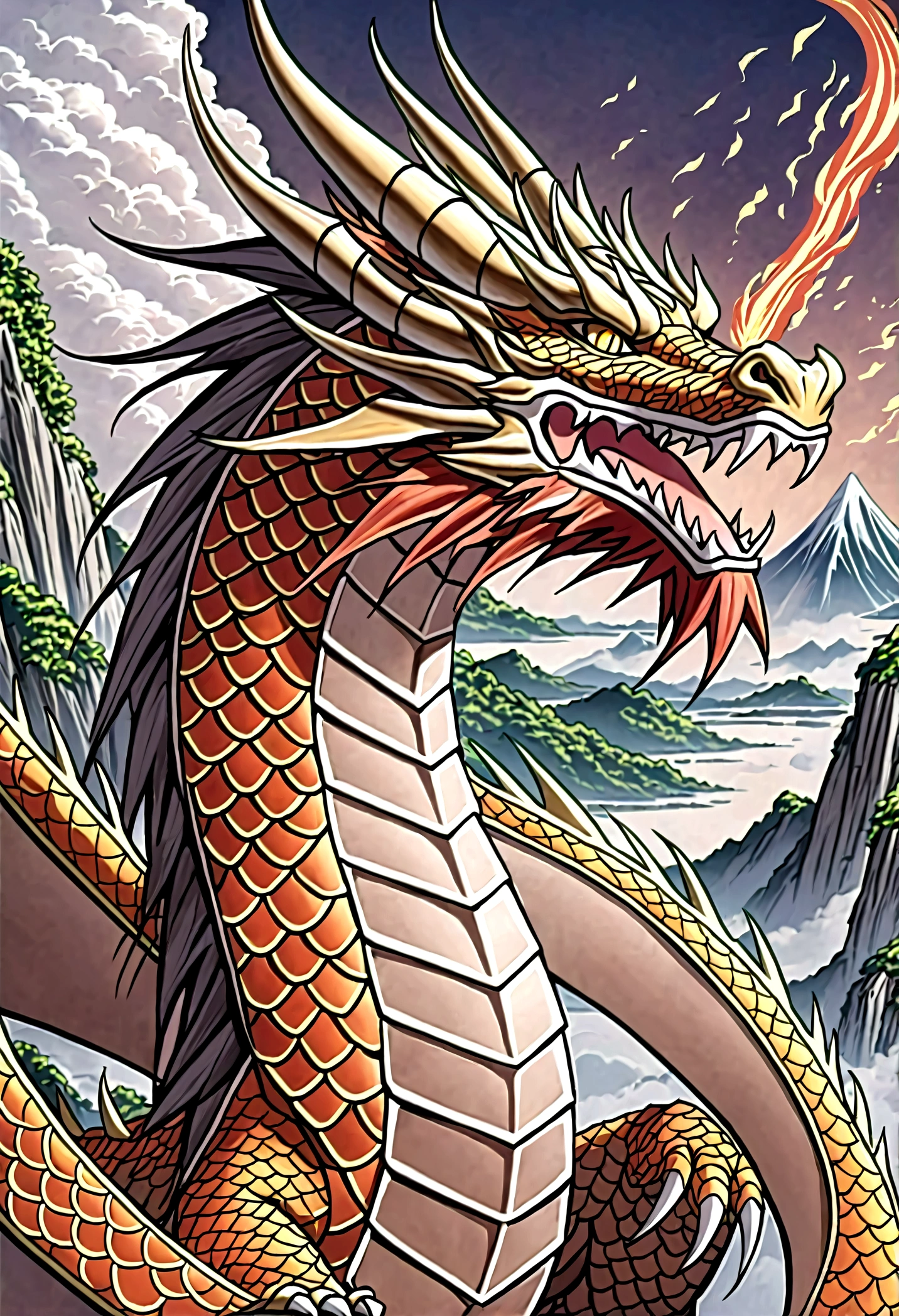 Draw a winding Chinese dragon，The body presents smooth lines and curves。
Adding scale textures to the dragon&#39;s body，Make it look more real and vivid。
Draw sharp horns and long whiskers on the dragon head.，Show a majestic image。
Adding glow to the dragon&#39;s eyes，Make it look sharp。
Add a cloud pattern to the dragon&#39;s back，Add mystery。
Add sharp claws to the dragon&#39;s limbs，Demonstrating its great power。
Draw a flame pattern on the dragon&#39;s tail，It symbolizes its power and majesty.。
Use bright colors，As red、yellow、Green, etc，Coloring the Dragon，Make it more compelling。
Add some traditional Chinese elements to the background of the picture，Like clouds、mountain peaks, etc，Create a strong Chinese style atmosphere。
at last，Adjust the details of the picture，Make the whole picture more complete and。
