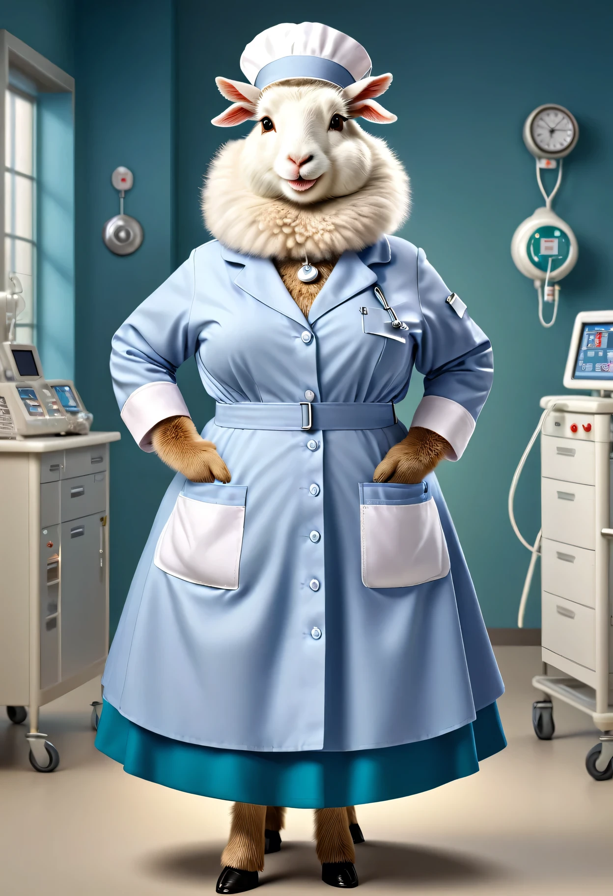 photorealistic portrait of Dressed animals - a ((fat)) angora goat nurse,(elegant pose:1.2),(hands in pockets:1.5), (elegant smile:1.2),high quality,(lovely) ,intricate details, highly detailed (( nurse costume)), wearing nurse cap and skirt , highly detailed medical equipment , (happy), perfect lighting,(full body image:1.5),(hospital background)