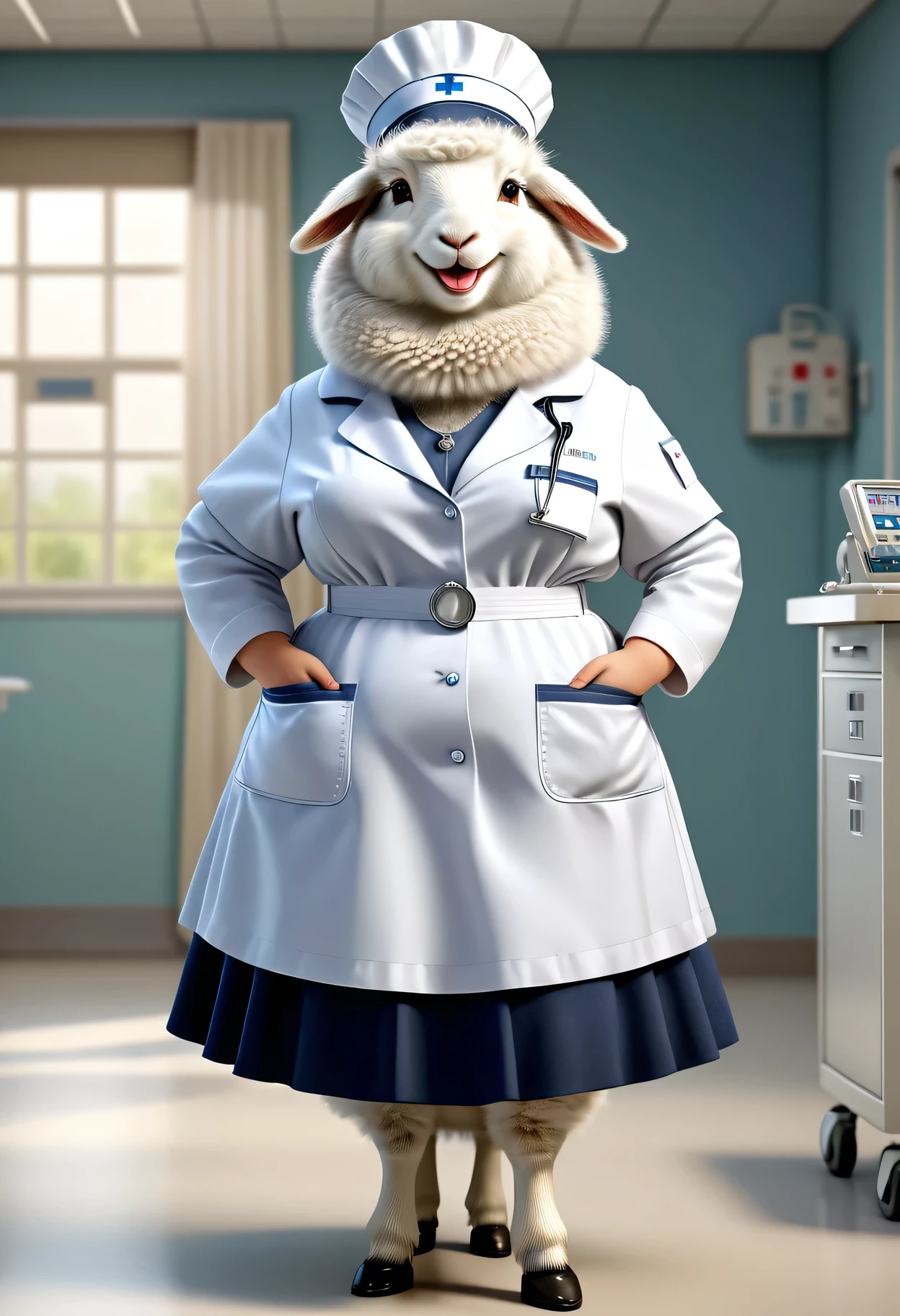 photorealistic portrait of Dressed animals - a ((fat)) angora goat nurse,(elegant pose:1.2),(hands in pockets:1.5), (elegant smile:1.2),high quality,(lovely) ,intricate details, highly detailed (( nurse costume)), wearing nurse cap and skirt , highly detailed medical equipment , (happy), perfect lighting,(full body image:1.5),(hospital background)

