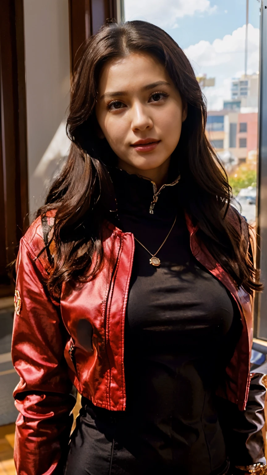 (masterpiece),(best quality), katsuragi misato, black dress, brown eyes, diamond necklace, high collar dress, (bright red jacket), (portrait:1.2), upper body, luxury hall interior, windows, intense gaze, sun, sunlight, Combine anime influence and realism, beautiful, beautiful face,