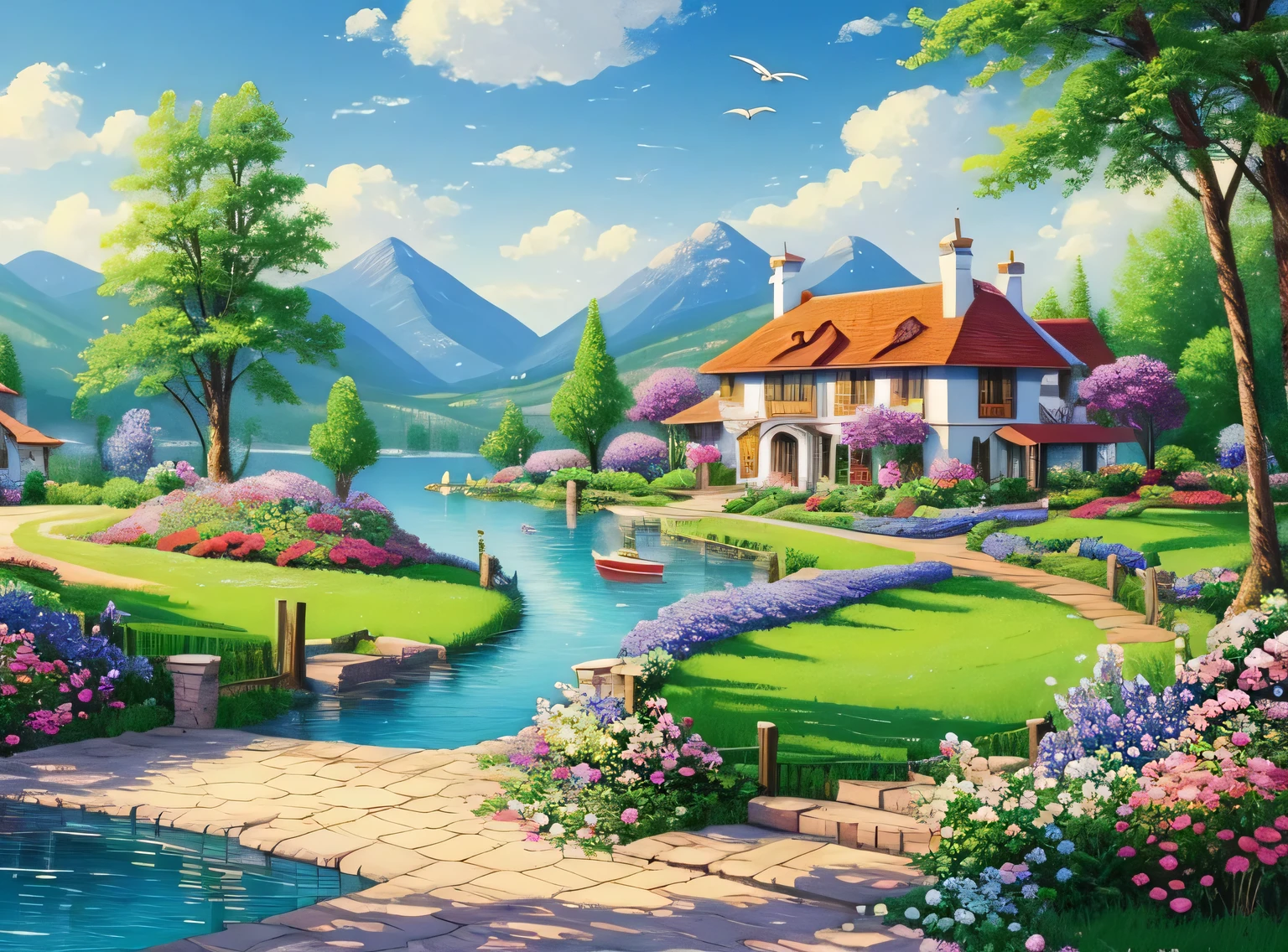 villa painting, flowers next to the fence, fence along the road,  Mountain landscape with lake and boats, Birds flying in the blue sky, illustration matte paint,  Inspired by Thomas Kinkade, symmetrical matte paint, detailed scenery , a raw style, 8K ultra-detailed