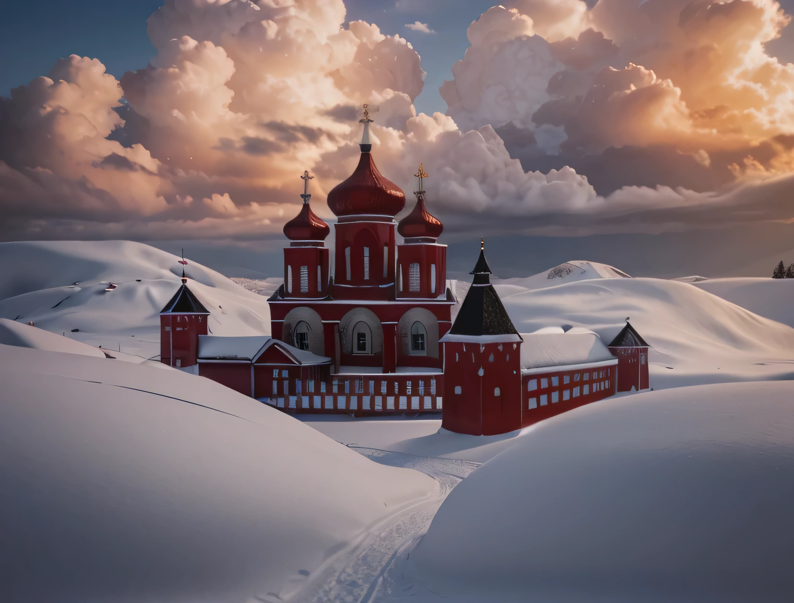 realistic red church in snow, clouds