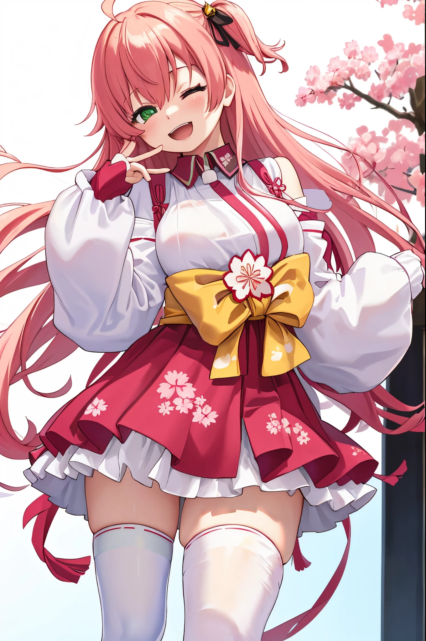 masterpiece, best quality, highres, sakura_miko, 1girl, (loli:1.3),medium_breasts, kimono, solo, ahoge, x_hair_ornament, pink_hair, floral print, hairclip,(side_less_clothes:1.3), (side_breasts:1.3), hair_bell, floral print, long_hair, hair between eyes, one side up, white_thighhighs, wide sleeves, open_mouth,(happy:1.3),green_eyes,smile,apart_legs,(overly_long_sleeves:1.3),),sleeves_past_wrists,hands_hidden_sleeves,sidelock_clothes,solo,hidden_wrists,(XD:1.5),covered_nipples,sunlight,(bare_flank:1.3),boots,open_mouth,kimono,close_eyes,.