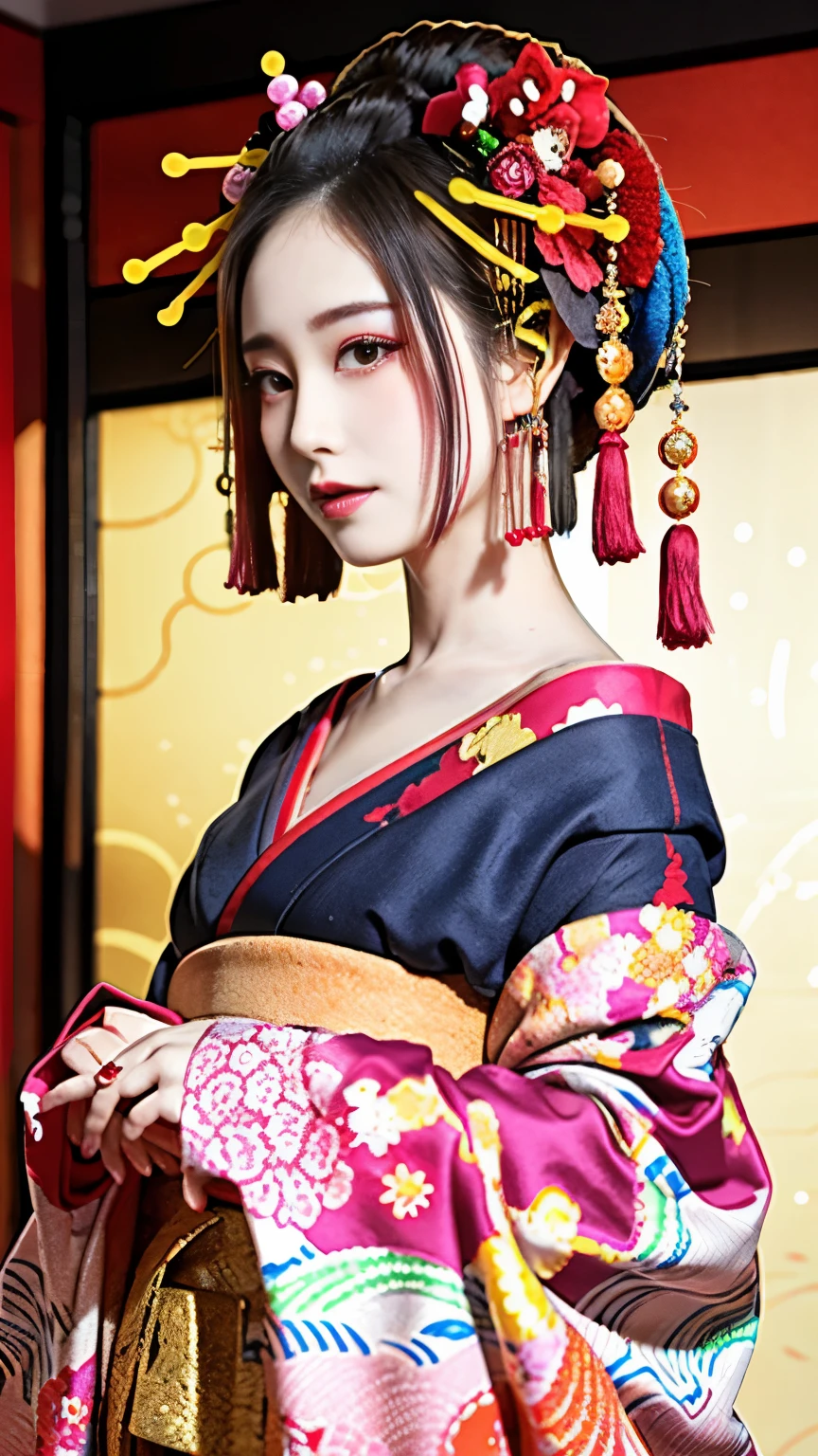 4K, masterpiece, High resolution, Absurd,Natural volumetric lighting and great shadows, 笑face,The depth of the written world,soft delicate beautiful attractive face, Beautiful Edge Oiran_woman, a woman in a kimono posing for a picture  ,Perfect Edge Oiran_face,Perfect Edge Oiran_body,edgOiran_compensate,edgOiran_Hairstyle