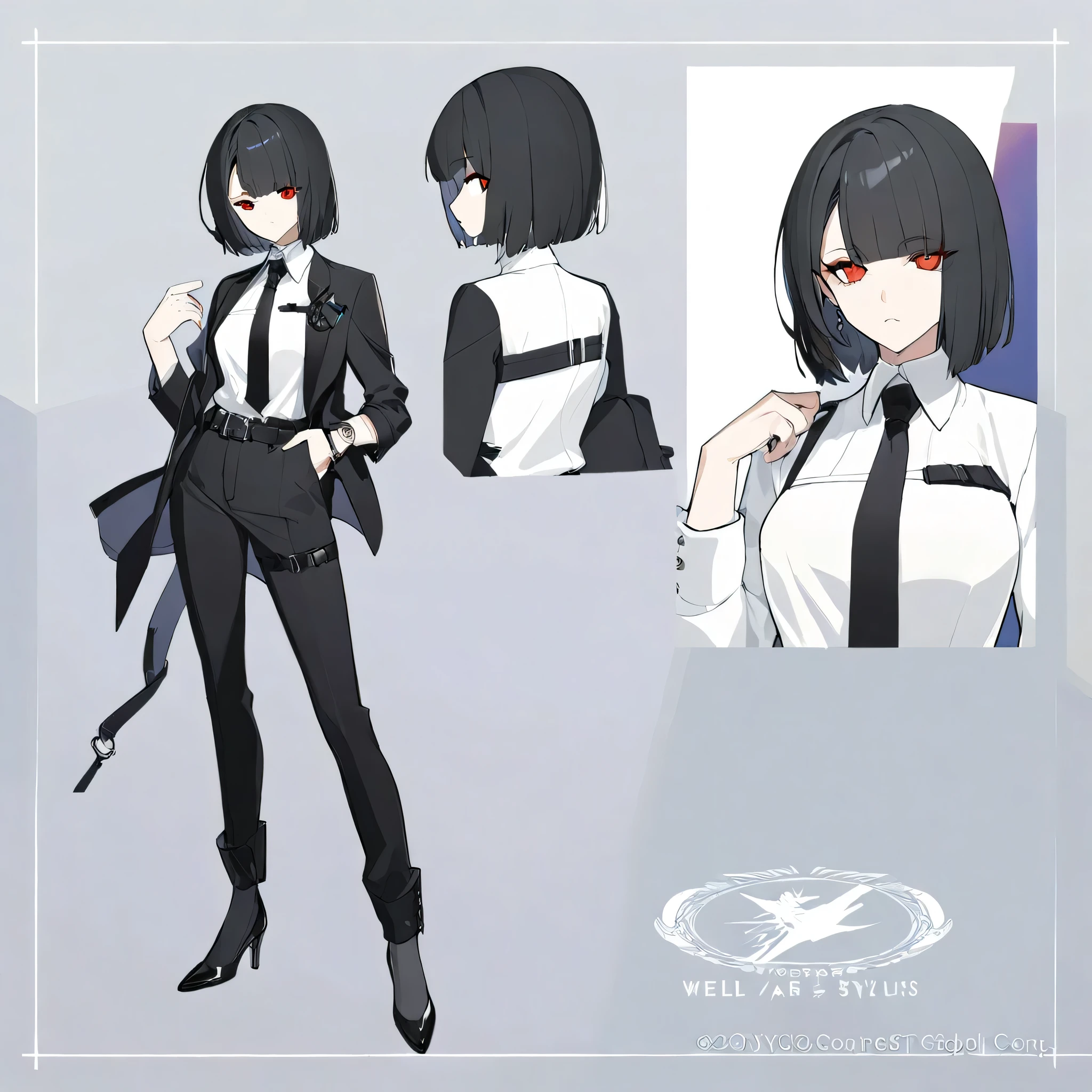 One woman,Dynamic,whole body,Are standing,mysterious,Concept Art,Character Design,Jet black straight hair,The bangs are trimmed to accentuate the eyes.,Short Hair,Well-proportioned face,Sharp Eyes,Simple black suit,White shirt and black tie,Silver cufflinks on the left hand,On the ring finger of her right hand she wears a simple silver ring.。Luxury watches,Black leather shoes,Accentuate your waistline with a belt,Arknights Wind,Stylish,Red eyes,belt,Stylish red patterned jacket,Stylish,Simple background gray,Details,Okabo Hair,Half-open eyes,Cool appearance,Multiple Views,
