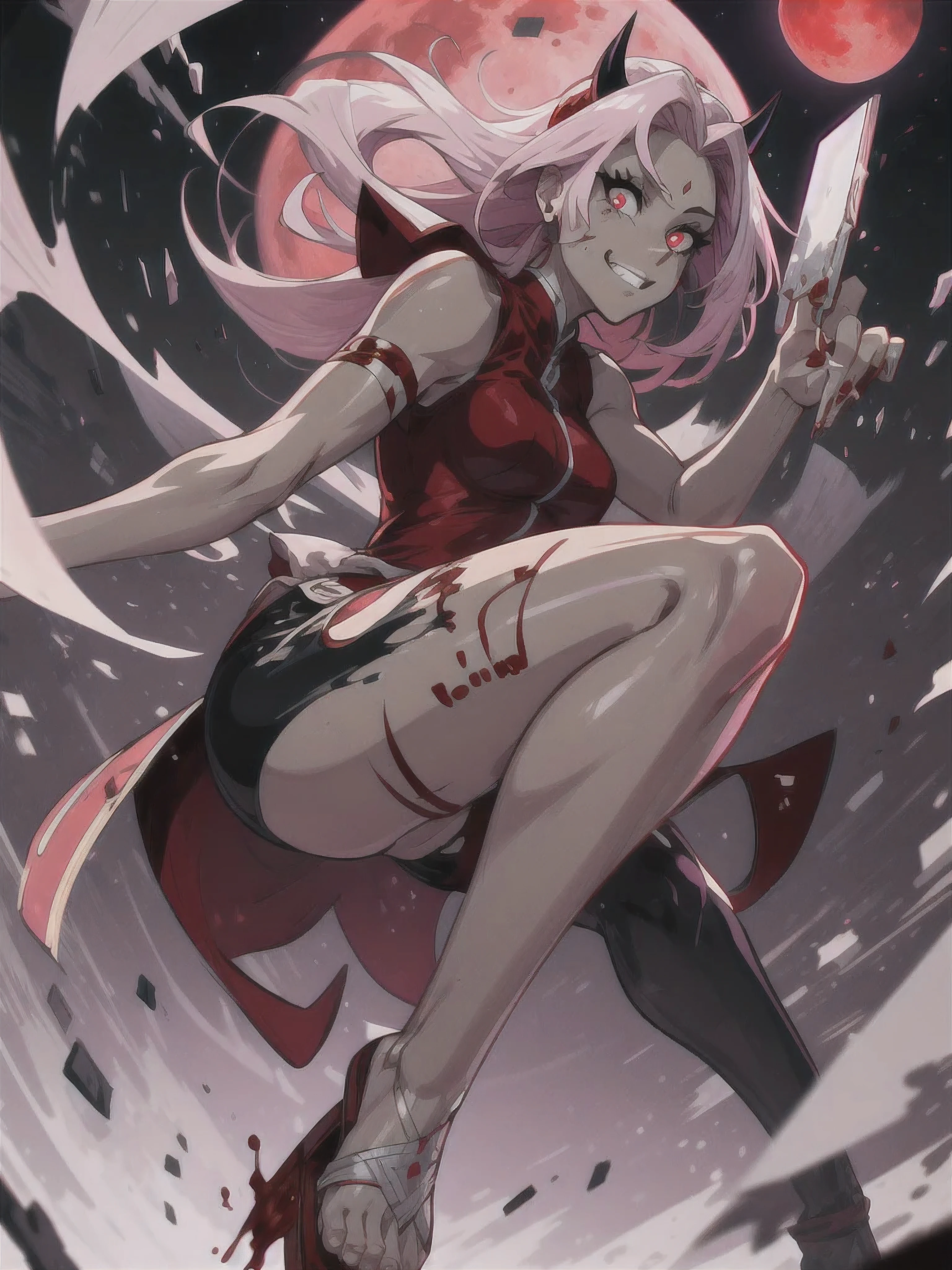 (masterpiece:1.2, best quality:1.2, beautiful, high quality, highres:1.1), detailed, extremely detailed 4K, perfect eyes, perfect face, perfect lighting, (1girl, solo, adult female, mature female), [muscular], thin, thigh muscles, leg muscles,
pink hair, red eyes, haruno sakura, forehead mark, slit pupils, fangs, evil grin, horns, side slit, blood tear marks, 
demonictech, [demonictech japanese village background], (blood red moon), glowing red runes,