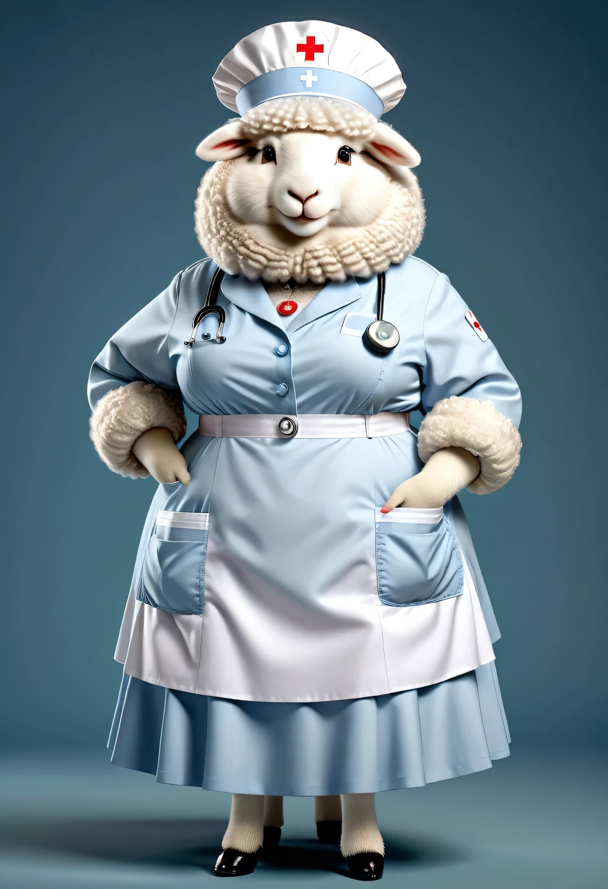 photorealistic portrait of Dressed animals - a ((fat)) angora sheep nurse,(elegant pose:1.2),(hands in pockets:1.5), (elegant smile:1.2),high quality,(lovely) ,intricate details, highly detailed (( nurse costume)), wearing nurse cap and skirt , highly detailed medical equipment , (happy), perfect lighting,(full body image:1.5),(hospital background:1.2)
