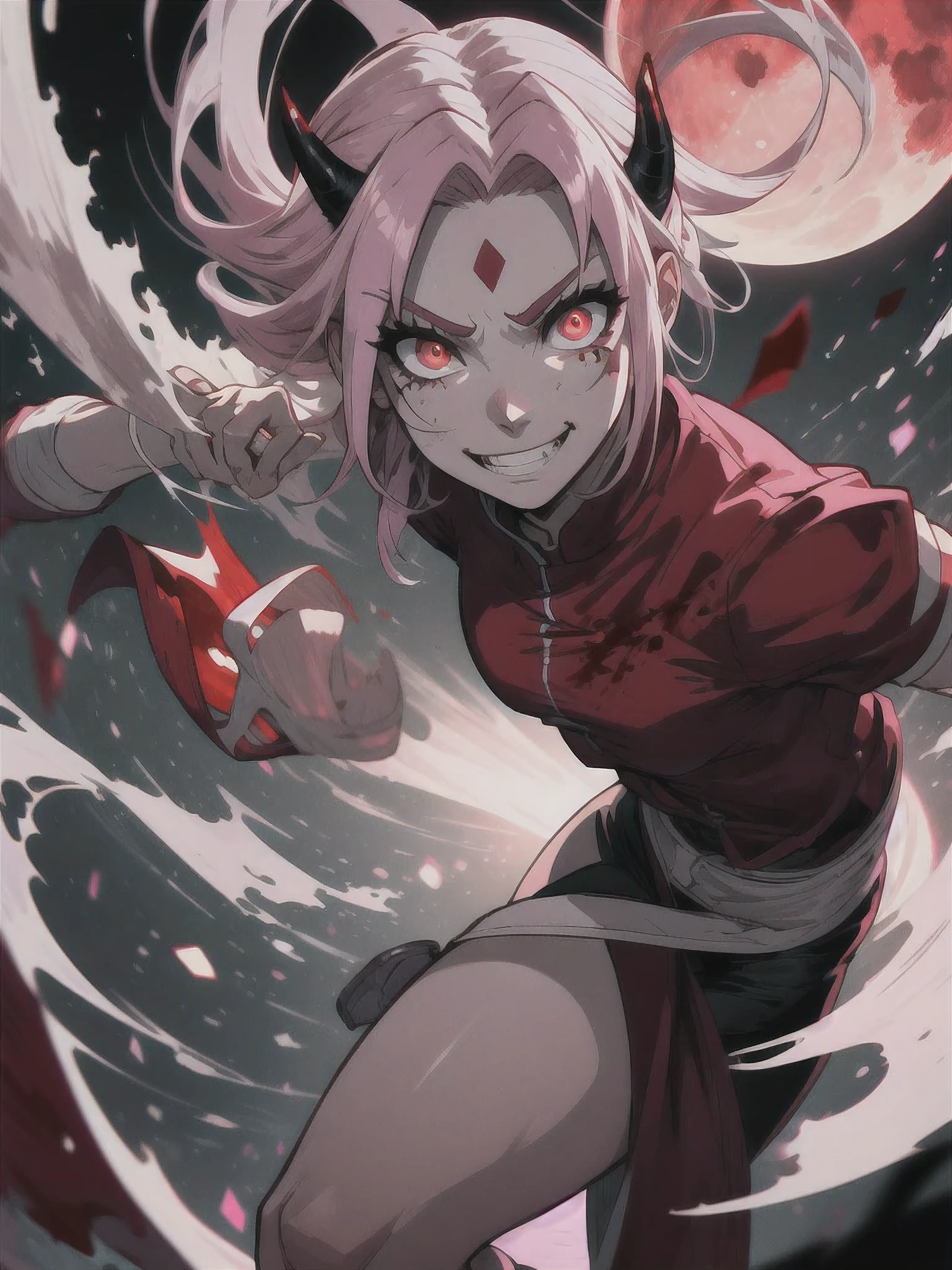 (masterpiece:1.2, best quality:1.2, beautiful, high quality, highres:1.1), detailed, extremely detailed 4K, perfect eyes, perfect face, perfect lighting, (1girl, solo, adult female, mature female), [muscular], thin, thigh muscles, leg muscles,
pink hair, red eyes, haruno sakura, forehead mark, slit pupils, fangs, evil grin, horns, side slit, blood tear marks, 
demonictech, [demonictech japanese village background], (blood red moon), glowing red runes,