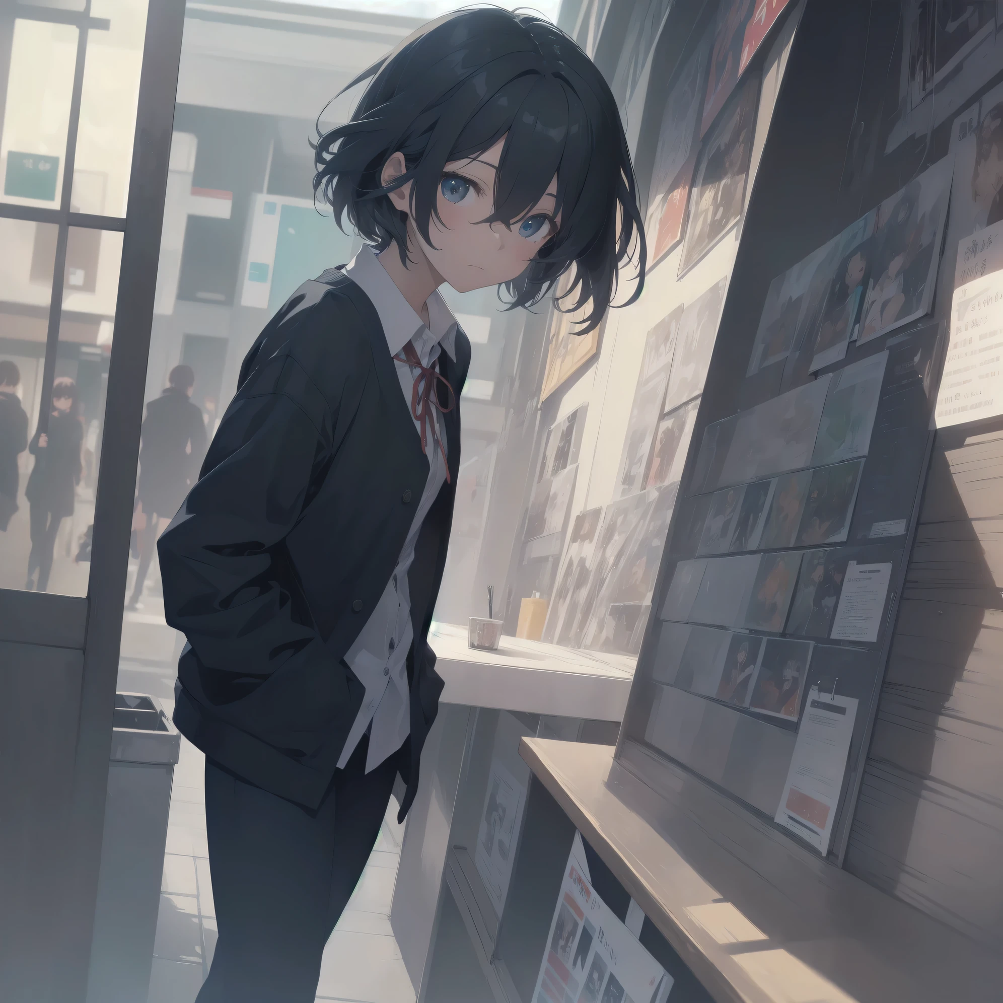 ultra-absurdres-Top quality by artist God, ultra-detailed, high resolution, anime moe artstyle, best anime 8k konachan wallpaper, pixiv contest winner, pool:2810, perfect anatomy,break, 1girl, (Please draw a girl walking sleepily to school alone. )break,(Solo,little female, 13-year-old:1.3),Full limbs, complete fingers,a junior high school student, (very short hair), short cut, flat chest, , small butt, small black eyes, beautiful detailed eyes, well-proportioned iris and pupils, expressive eyes, highres detailed hair, soft expression, salor school_uniform, sailor collar, serahuku, bow, pleated skirt,(Detailed Lighting), (Detailed background), in the School commute route. break,super detailed skin, Best cinematic lighting powered by famous artist, 8k,beauty illustration,photoshop_(medium),very aesthetic,break,((artist:sayori_(neko_works) )), artist:clamp ,artist:carnelian ,artist:kantoku ,