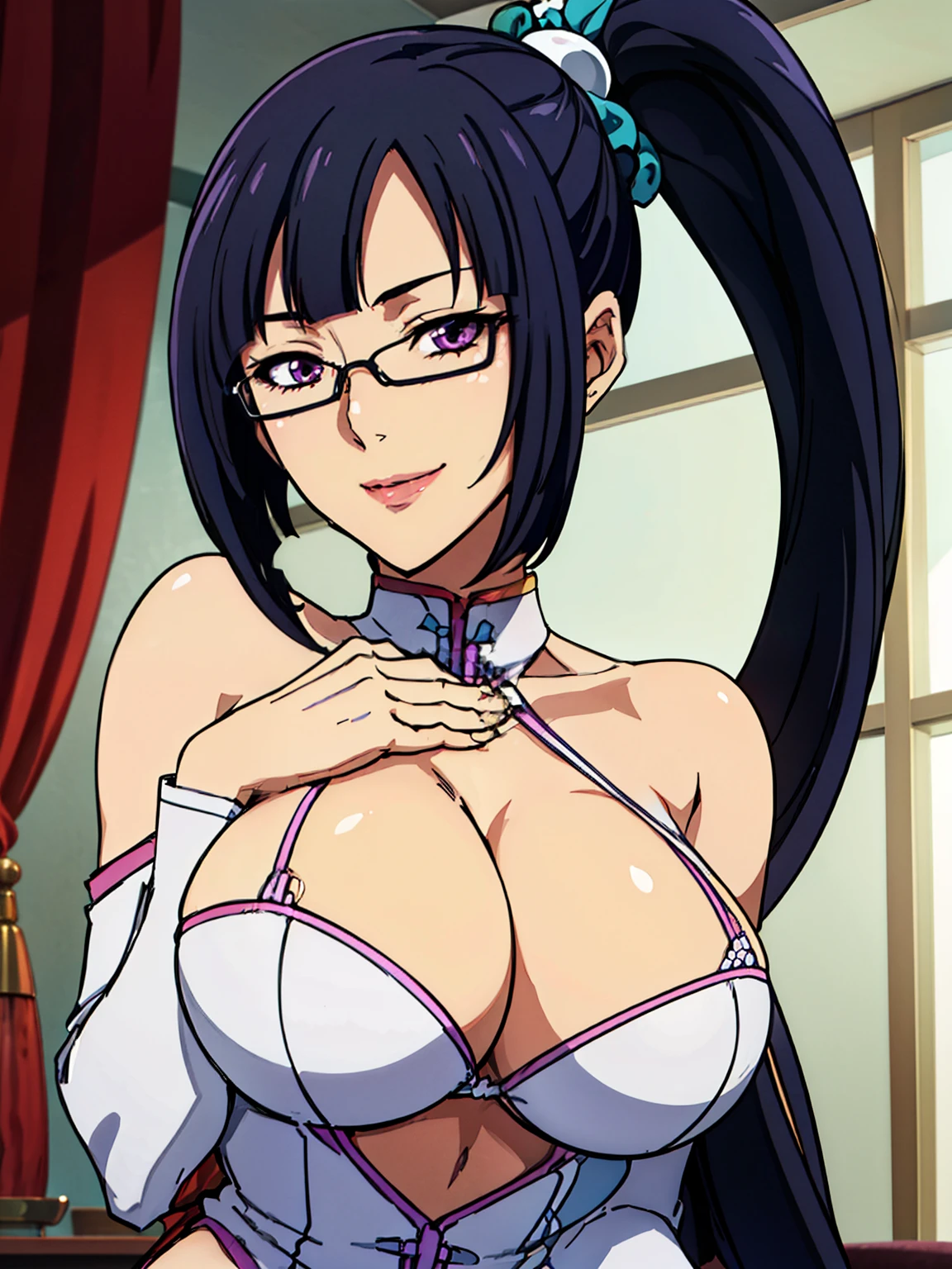 pov from below, squatting, grabbing breasts pose, (cyan dress), chinese clothes, cleavage cutout, clothing cutout, bare shoulders, white bikini, (luxury livingroom background), Litchi Faye-Ling, mature woman, anime cels style, best quality, high resolution, 1girl, (huge breasts:1.2), beautiful face, Beautiful Finger, Beautiful long legs, Beautiful body, Beautiful Nose,Beautiful character design, semi-rimless eyewear, lipstick, black hair, very long hair, ponytail,Bangs,purple eyes, (cowboy shot), smiling, looking at viewer