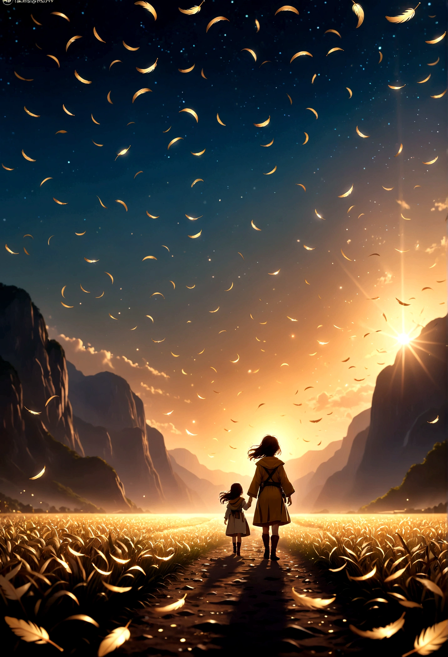 ((Masterpieces with up to 16K resolution):1.6),((soft_color_photograph:)1.5), ((超detailed):1.4),((Cinematic stills and dynamic angles):1.3),((Wide Cinema Lens):1.1). | ((Wide Cinematic shot of small golden feathers floating high in the sky):1.2), ((small golden feathers):1.1), ((Feathers flying high in the sky):1.3), (Wide Cinema Lens), (tyndall effect), (a lot of feathers), (Majestic Sky), (Magical atmosphere), (Sparkle), (Visual experience) ,(realism), (Realistic),Award-winning graphics, Dark Shot, Film Grain, extremely detaileded, Digital Art, RTX, Unreal Engine, Scene Concept Anti-glare Effect, all of鮮明なフォーカスで撮影. | Rendered in Ultra-high definition with UHD and retina quality, this masterpiece ensures anatomical correctness and textured skin with super detailed. Focus on high quality and precision, This award-winning work is、Capture every nuance with stunning 16K resolution, Immerse the viewer in the vivid depiction. | ((perfection_composition, perfection_design, perfection_Layout, perfection_detailed, Ultra_detaileded)), ((Strengthen_all, repair_all of)), Learn more, Strengthen.