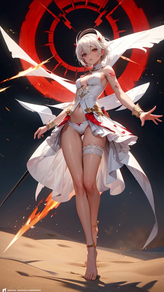 White short hair girl, black skin and tattoos,veil,red and white movement,Thong,Transparent long skirt,,barefoot,Scimitar,desert,movie lighting、best quality