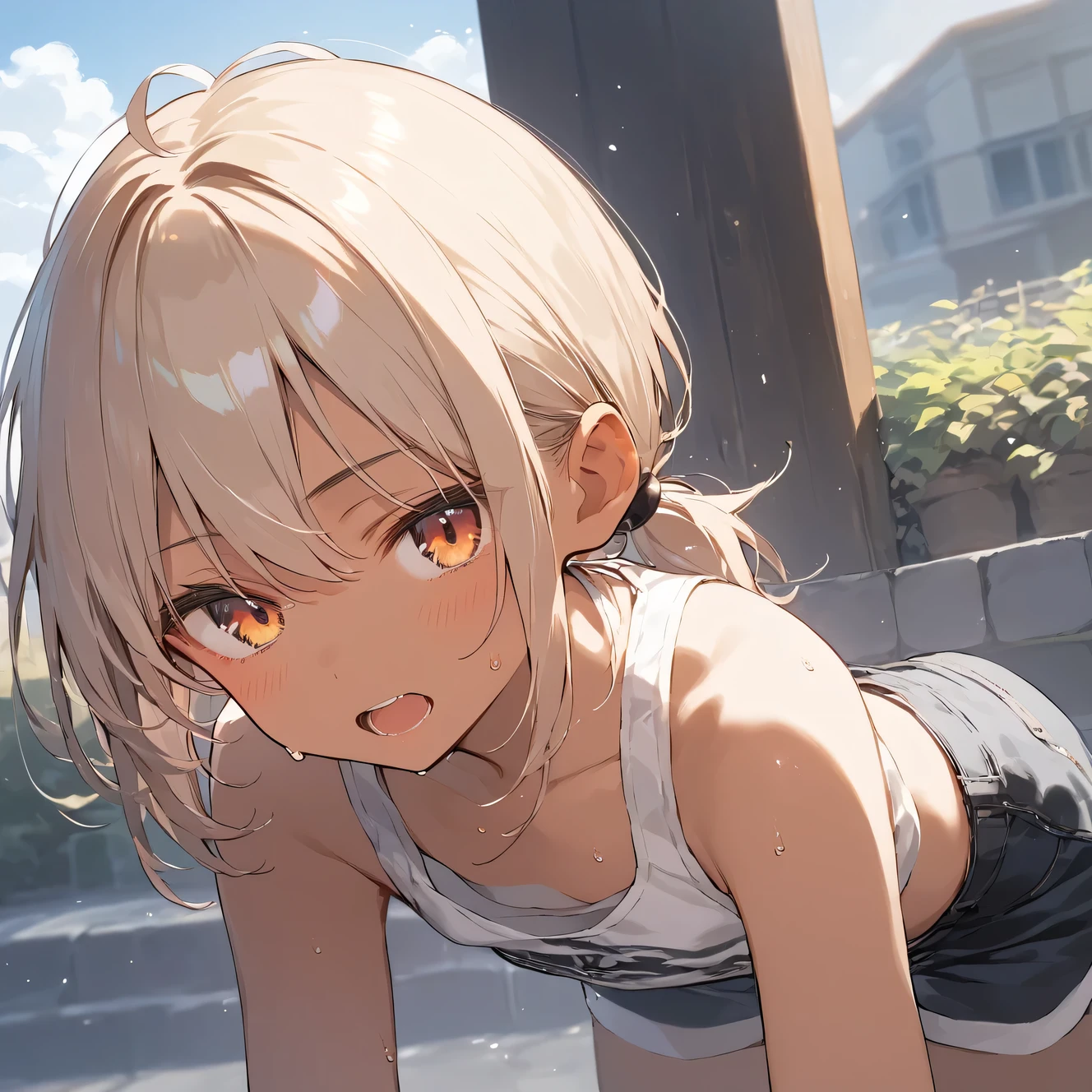 score_9, score_8_up, score_7_up, source_anime, best quality, masterpiece,official art, absurdres, highres, waifu2x,Collection: Slice of Life,break,1girl, tomboy, dark-skinned female, short hair, low ponytail, flat chest, beautiful detailed eyes, short shorts, sweat, open mouth, (yawn:0.3), sleepily, outdoors, break,(clear line illustration:1.2),very high resolution, very aesthetic, super detailed skin, Best sexual lighting powered by famous artist, 8k,cute picture,beauty illustration,photoshop_(medium),,(Detailed Lighting)