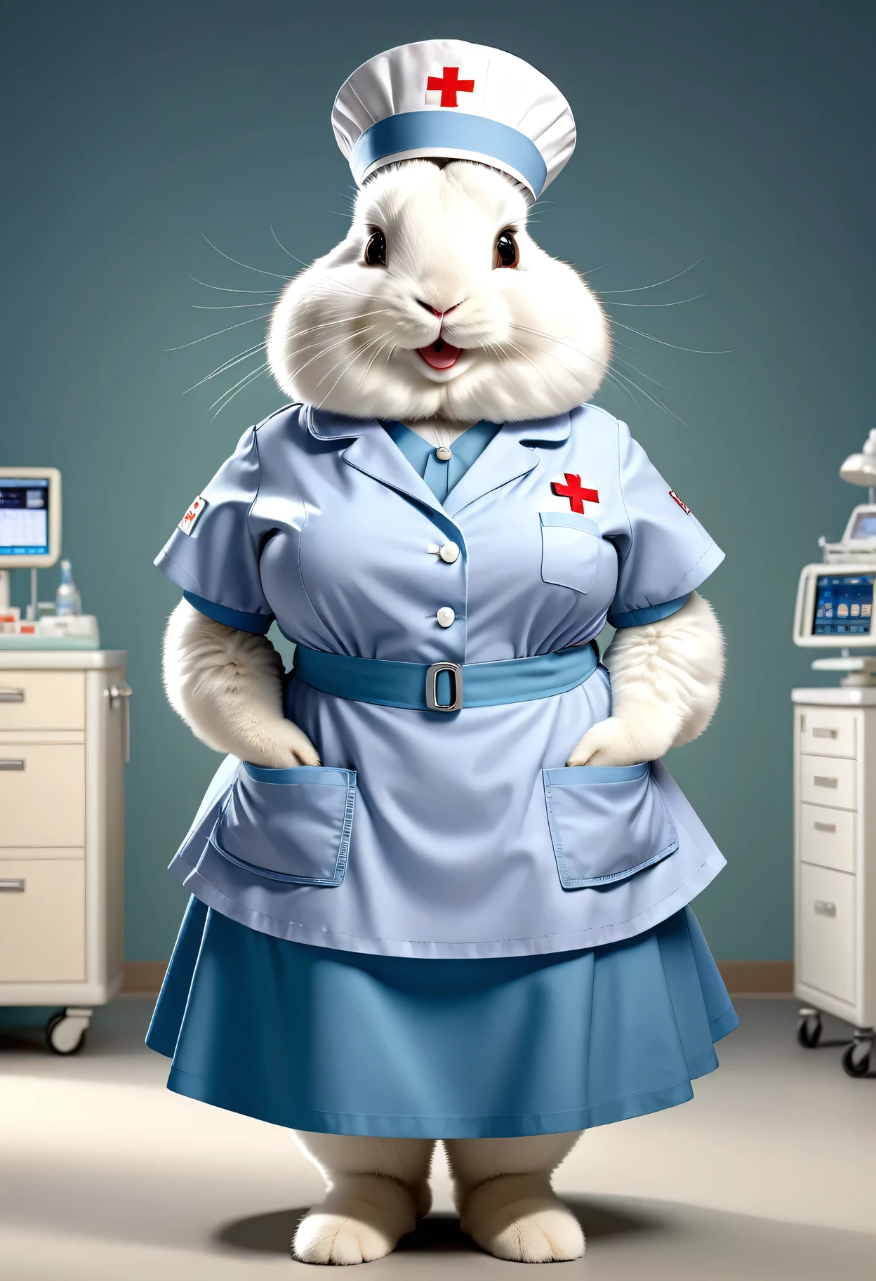 photorealistic portrait of Dressed animals - a ((fat)) angora rabbit nurse,(elegant pose:1.2),(hands in pockets:1.5), (elegant smile:1.2),high quality,(lovely) ,intricate details, highly detailed (( nurse costume)), wearing nurse cap and skirt , highly detailed medical equipment , (happy), perfect lighting,(full body image:1.5),(hospital background:1.6)