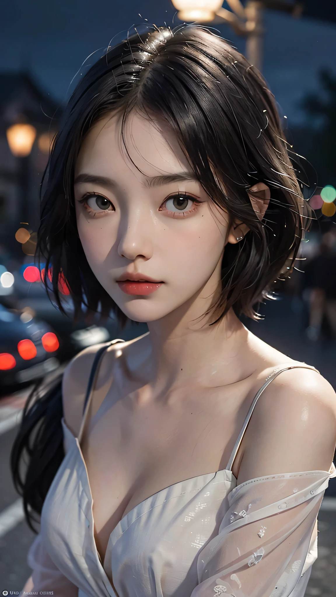 masterpiece, best quality, miranda, (halfbody shot,street lamps,moon),Masterpiece, 1girl, solo exhibition, beautiful woman on the bustling street, surrounded by hawkers, beautiful goddess girl portrait, beautiful and detailed face, porcelain skin, (((bust shot, center, night, black hair, short hair)), super soft lighting, symmetry, complexity, elegance, high detail, realism, art, concept art,