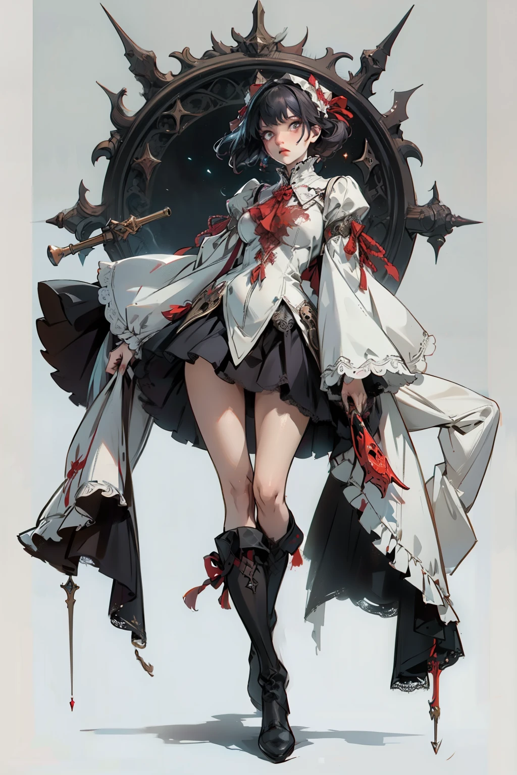 ((best quality)), ((masterpiece)), (detailed), blank white background, plain background, white background, red and white clothing, Bloodborne aesthetic, occult aesthetic, occult, occult paraphernalia, detailed and intricate steampunk and detailed gothic, NSFW, Very dramatic and cinematic lighting, cosmic horror, grim-dark, side-lighting, perfect face, NSFW, Fluttering lace flared dress with frilly petticoats, pleated petticoats, petticoats, complex lace boots, side-lighting, gothic aesthetic, wielding mighty mechanical melee weapons, mechanical components, carbine, NSFW, beautiful small breasts, small breasts, full body, whole body, body, plain background, white background, blank background, no background, white background NSFW, full body, whole body, head-to-toe dynamic poses NSFW