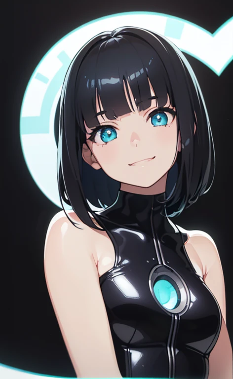 (Photorealistic:1.4)、(,20-year-old:1.5),(masterpiece、Blue lens flare:1.5、spot light:1.2、Exquisite beautiful eye:1.5,portlate),(kind eyes、tareme:1.9),()、Cute Face、 3D Face、(black hair:1.5)、(middle hair:1.5),(sidelock :1.5),(blunt bangs:1.3),(1 woman)、(aqua eyes:1.2)、(upper body:1.5)、(forced smile:1.5)、(),(head tilt) ,(Cute face:1.2),(flat chest),(),kind face,(strapless plugsuit:1.5),(black background:1.5)、()、()、 Neat and clean、Adorable、Demure,Slim Body(),Shiny Hair、()、