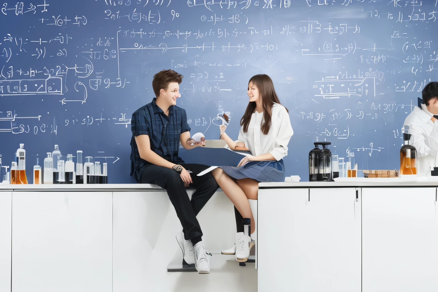 a guy and a girl are sitting near a board with chemical formulas. flasks, White table, white cabinet