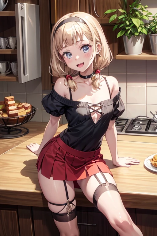 Adult Woman, masterpiece, 1girl, Amazing Cleavage:1.3, thin waist, big ass, Raised sexy, small breast:1.0,posed cleavage:1.2,solo, open mouth, have a cup of coffee,black hair, red eyes, dress, bare shoulders, jewelry, collarbone, sidelocks, hairband, earrings, indoors, off shoulder, arms behind back, plant, short hair with long locks, black hairband, sweater dress, off-shoulder sweater, red sweater, big side hair, very long side hair,is rendered in (masterpiece: 1.2, best quality), with (ultra high resolution) and an exquisite (depth of field). This masterpiece is not only visually stunning but also tells, make of cooking some cakes ,in the kitchen,Long dark blonde wavy hair、her thin pubic hair, Puffy nipple、(short flared skirt)、garter stocking、Earring、Medium milk, cute smile face、(Pose to lean forward and emphasize the chest)、sexy hips、high-heels、atlibrary、((Close your arms to your chest and look up)),(with sparkling eyes and a contagious smile), looking at viewer,