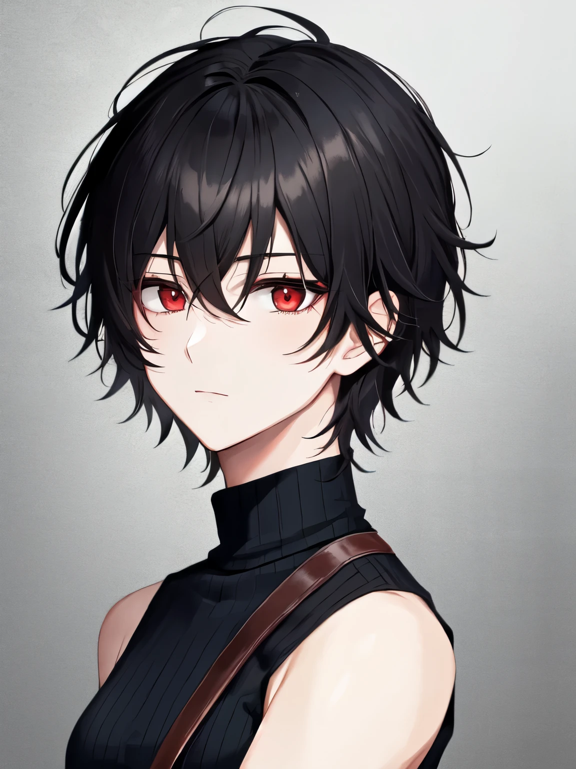 1boy, black hair, (pale_skin:0.7), red eyes, short hair, messy hair, hair between eyes, medium breasts, black turtleneck, sleeveless, black shorts, portrait, looking at viewer, expressionless