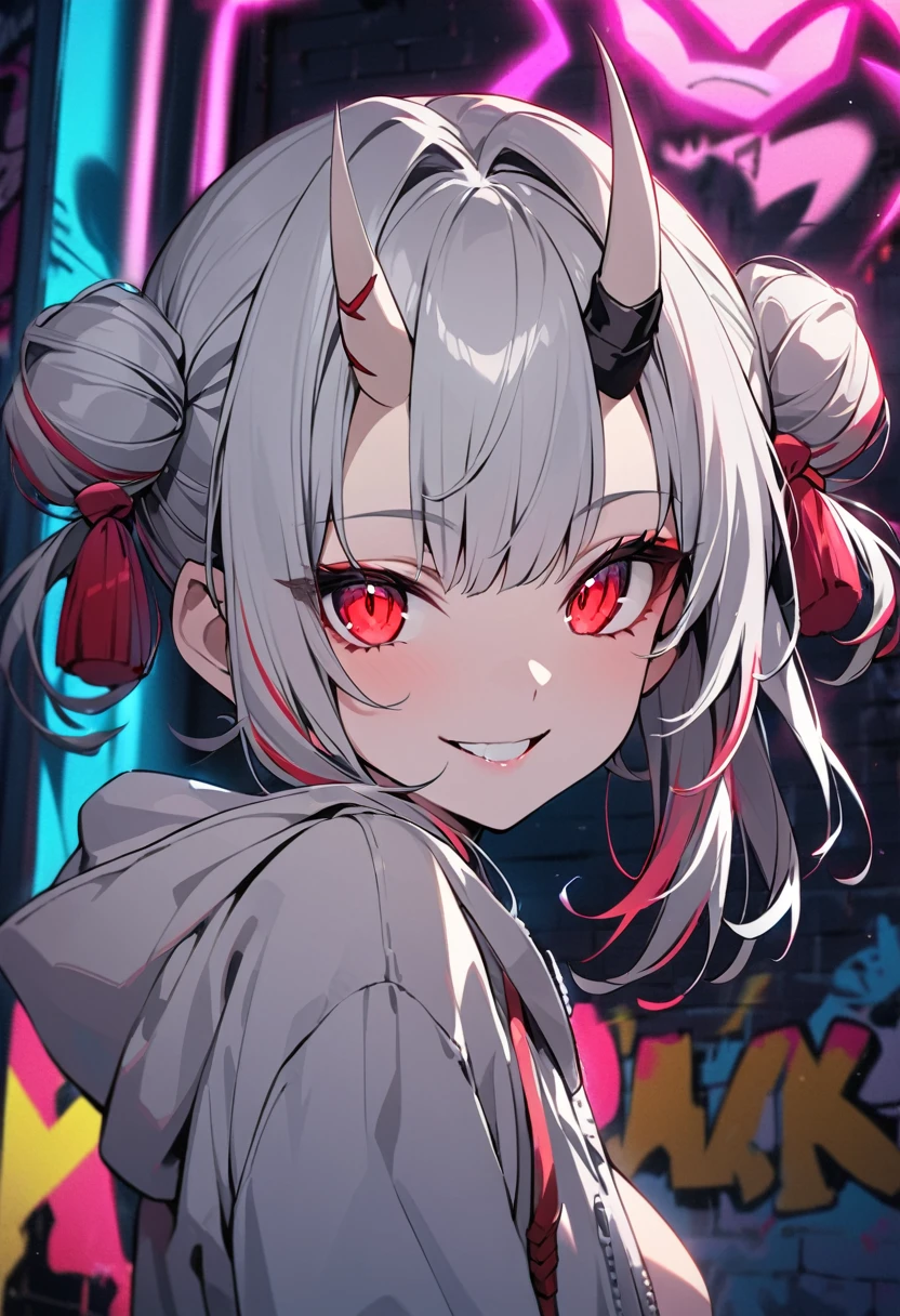 detailed background, masterpiece, highest quality, smile, nakiri ayame, striped hair, demon horn, gray hair, twin buns, red eyes, smile, hoodie, portrait, neon, graffiti, dark, night, shining eyes, Black light、Completely naked