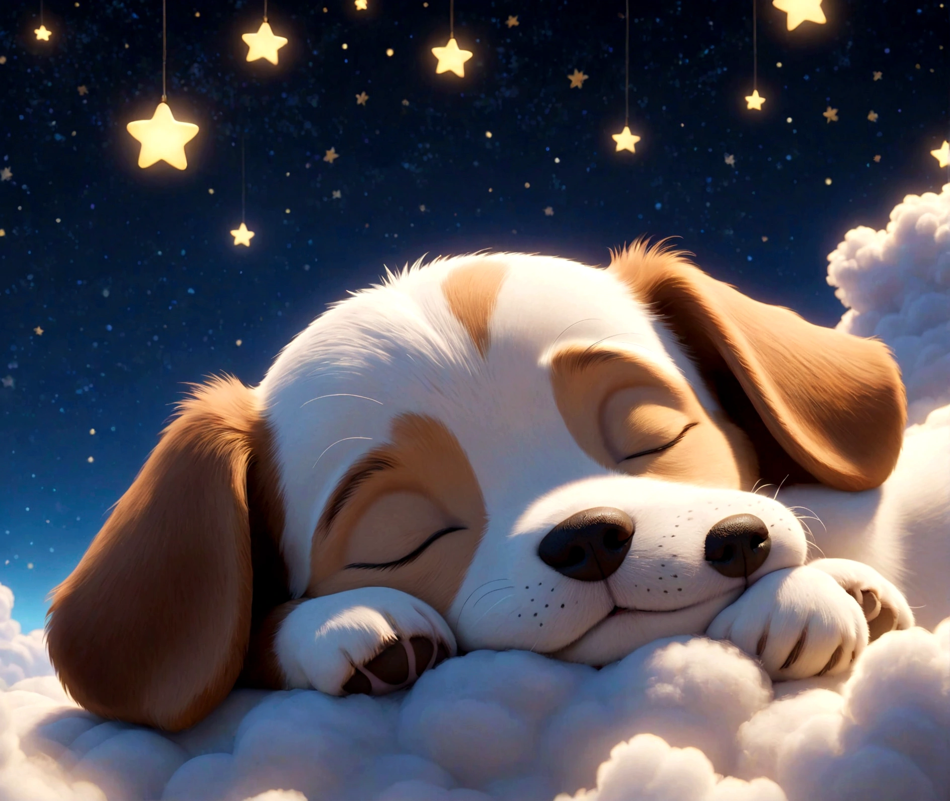 Disney Pixar cartoon character, sleeping, eyes closed, puppy, cute sleeping,sleeping, sideways, on magically lit clouds, background with stars, magical glow, unreal engine rendering, 8k