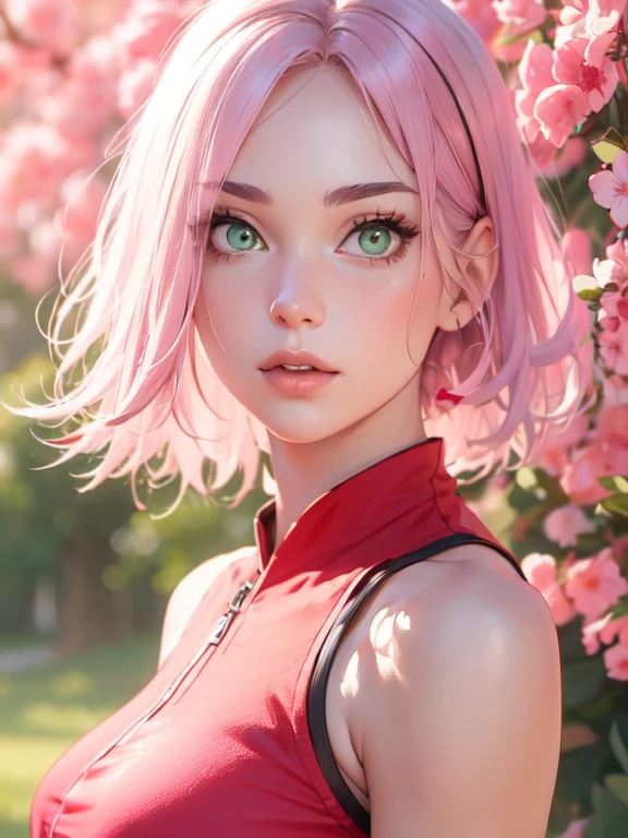 young woman, short shoulder-length pink hair, wide forehead, porcelain skin, pink eyebrows, big emerald green eyes, buttoned nose, full lips, heart-shaped face, slender body, small breasts, red tank top, Sakura Haruno , realistic, realism, details, 3d, well detailed