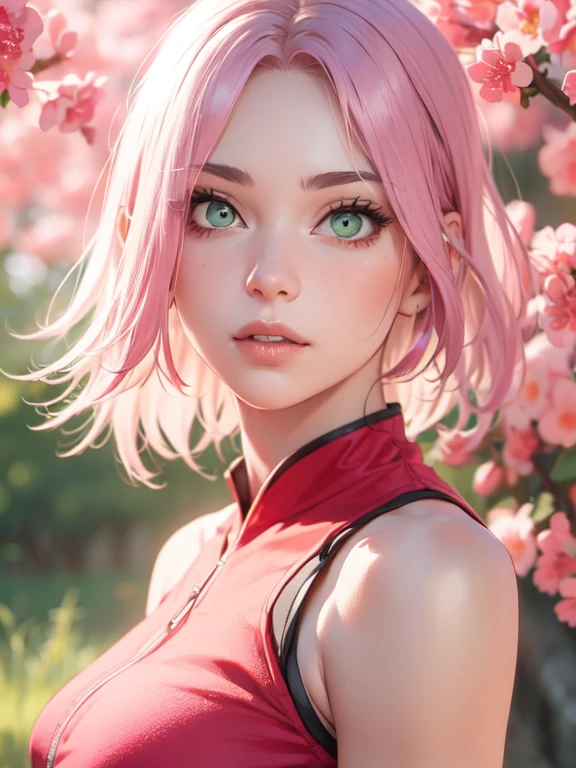 young woman, short shoulder-length pink hair, wide forehead, porcelain skin, pink eyebrows, big emerald green eyes, buttoned nose, full lips, heart-shaped face, slender body, small breasts, red tank top, Sakura Haruno , realistic, realism, details, 3d, well detailed