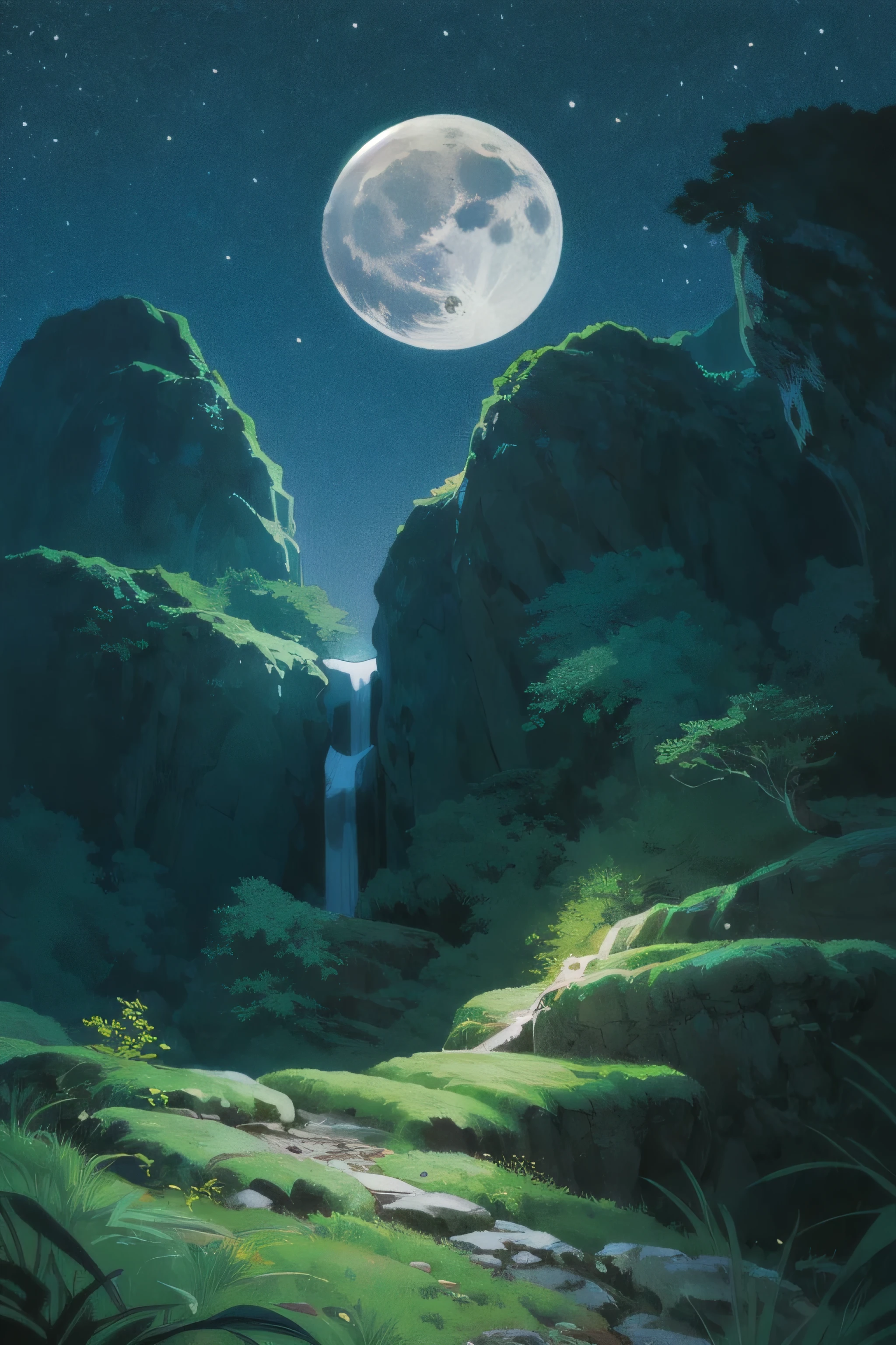 masterpiece, (((best quality))),landscape, dark night, bright moon, weak star, cliff, wind blowing, green grass, fantasy, magic world, waterfall,