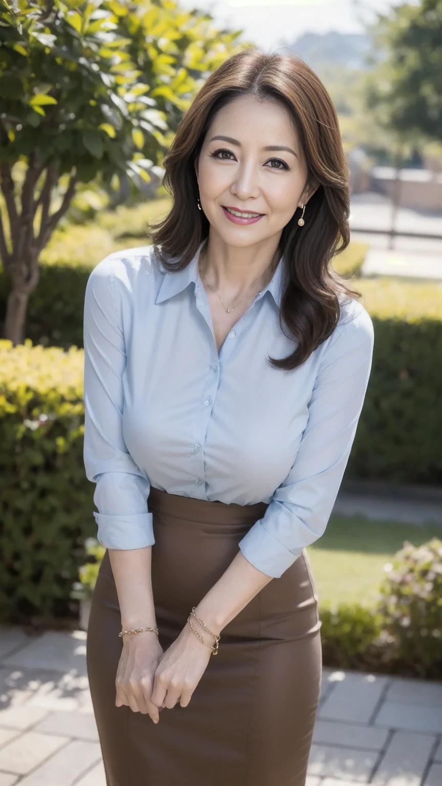 Mature attractive woman,50 years old,(shirt,long pencil skirt),Big Breasts,smile,(Facial wrinkles:1.3),Light makeup,Light brown hair,Long Hair,Earrings,a bracelet,8k, RAW Photos, highest quality,masterpiece,highest quality,(standing,from head to knees),bokeh,Sunlight,